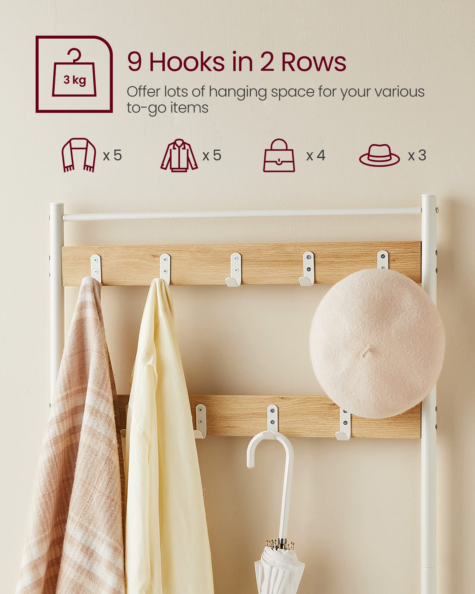 VASAGLE 3-in-1 Coat Rack with Shoe Bench and Shelf | Steel Frame | Colour Oak + Cream 4
