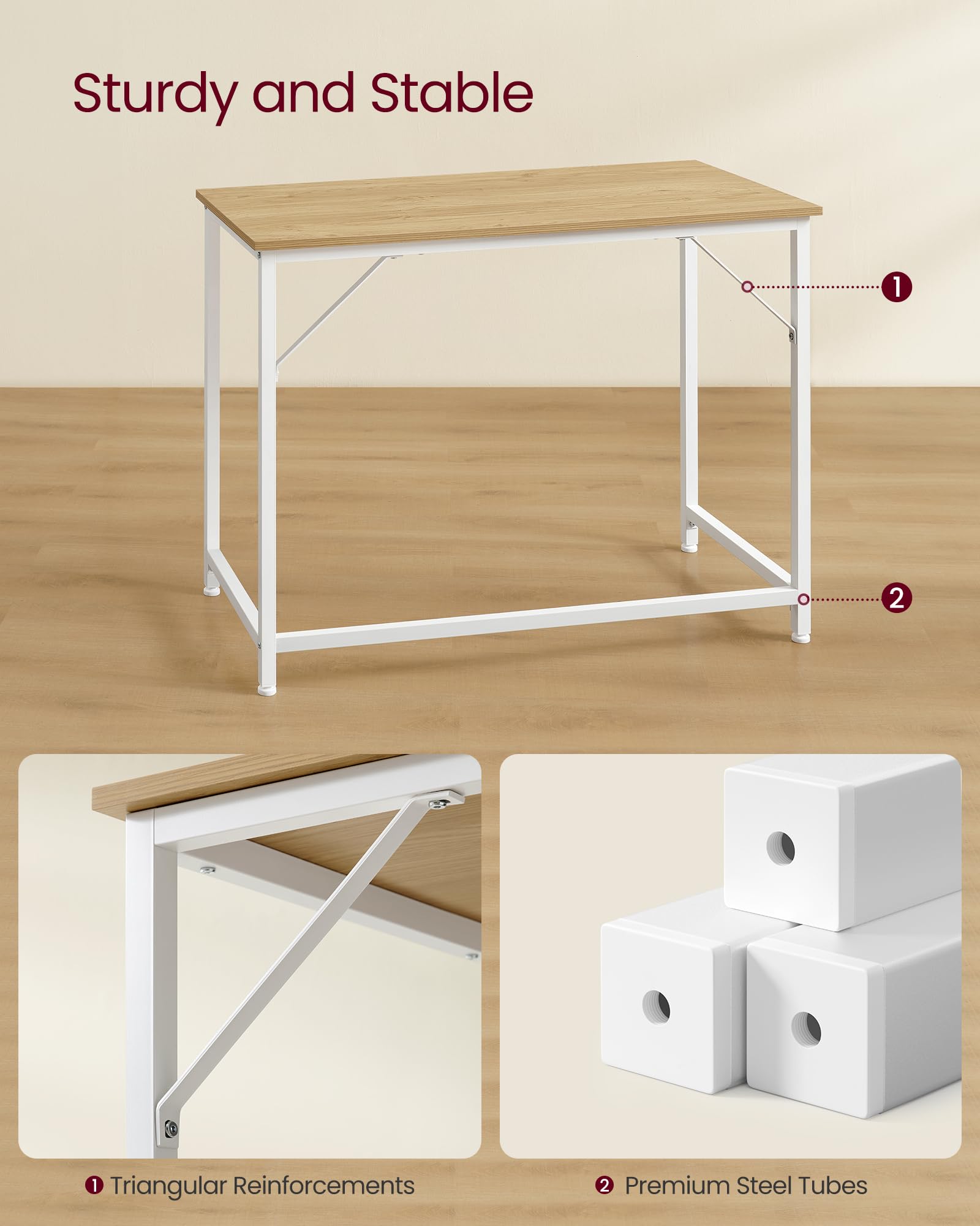 VASAGLE Computer Desk - Compact 100 x 50 cm Workspace | Natural Oak & Pearl White | 50 kg Load Capacity 5