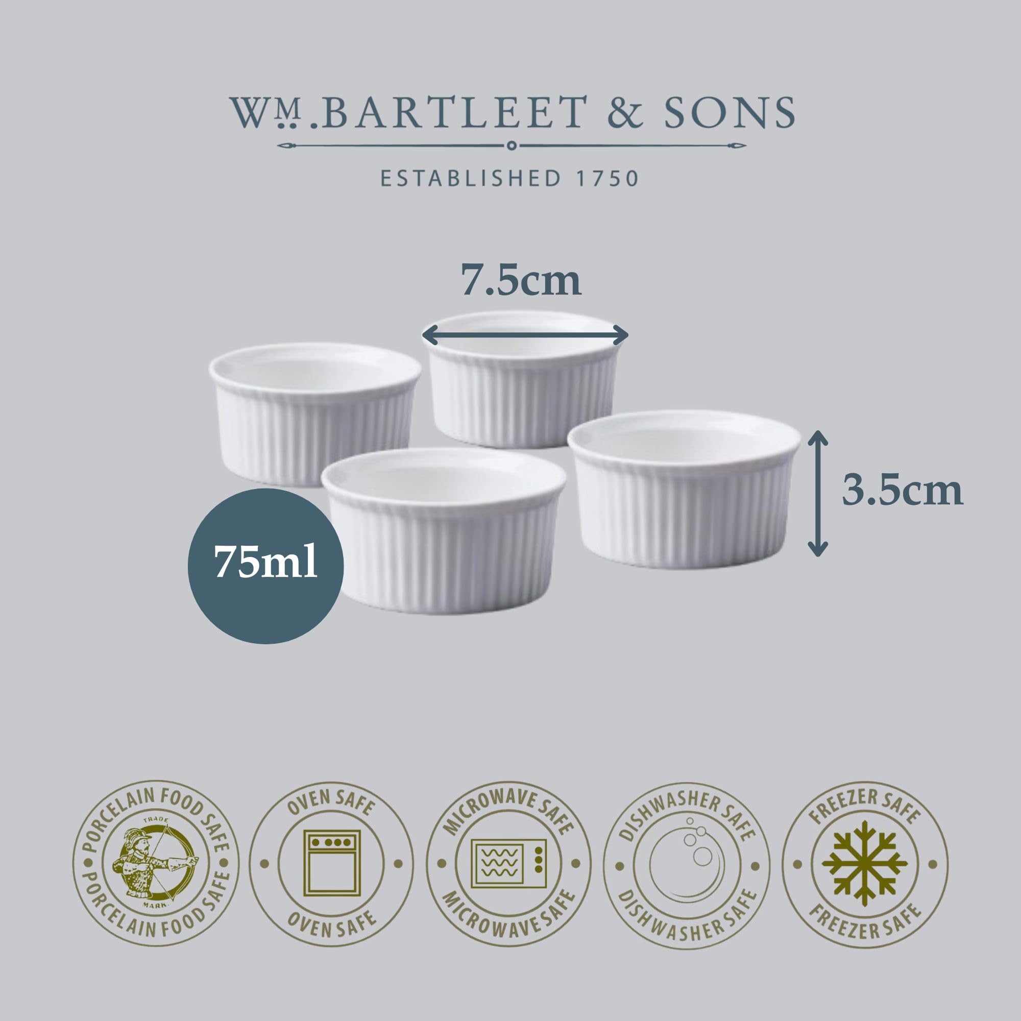 WM Bartleet & Sons 1750 Traditional Porcelain Ramekins Set of 4 - 7.5cm Diameter, 75ml | Oven, Freezer Safe 7