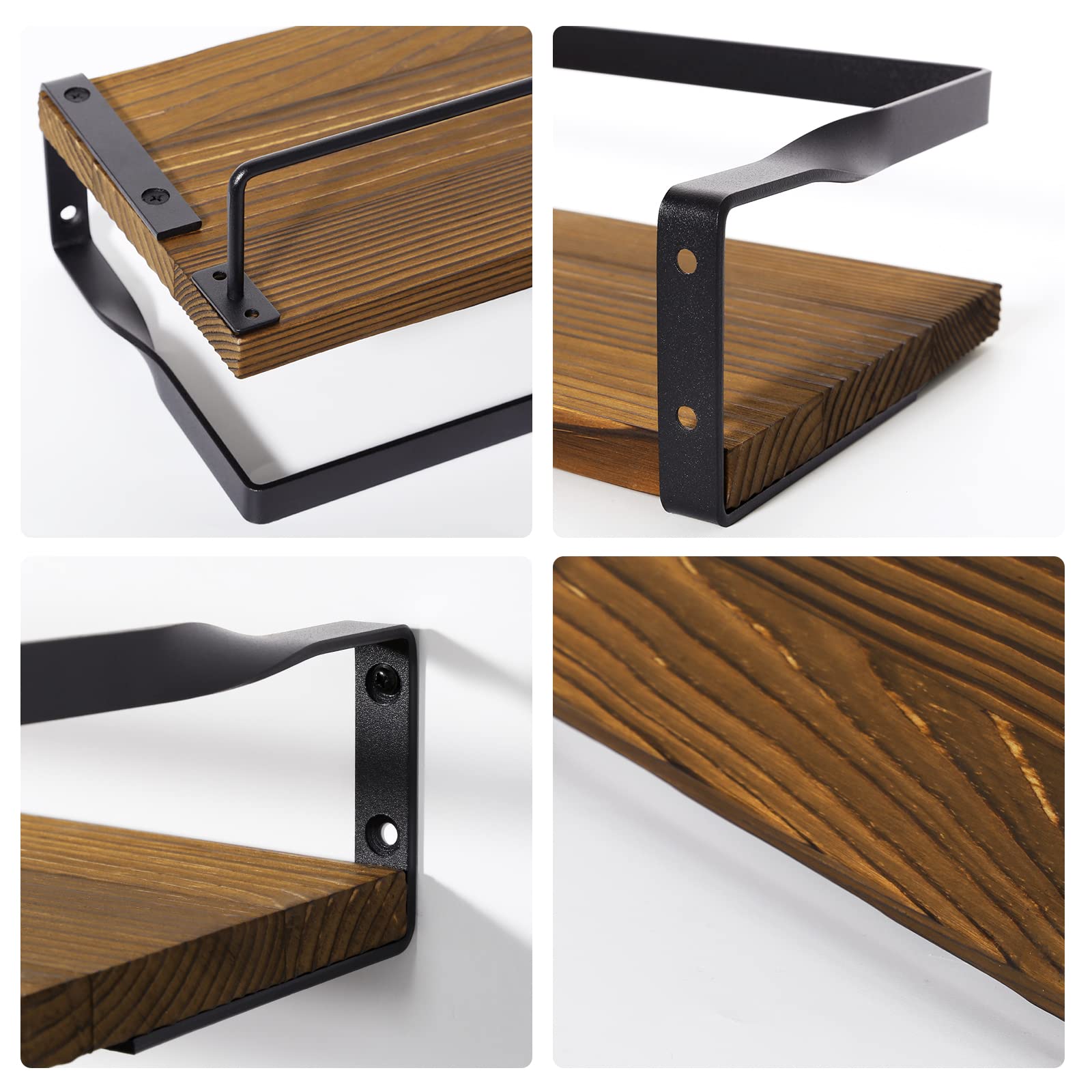 AGM Floating Shelves Wall Mounted Set of 2 Wooden Shelves Rustic Brown w/ Hooks & Towel Bar 5