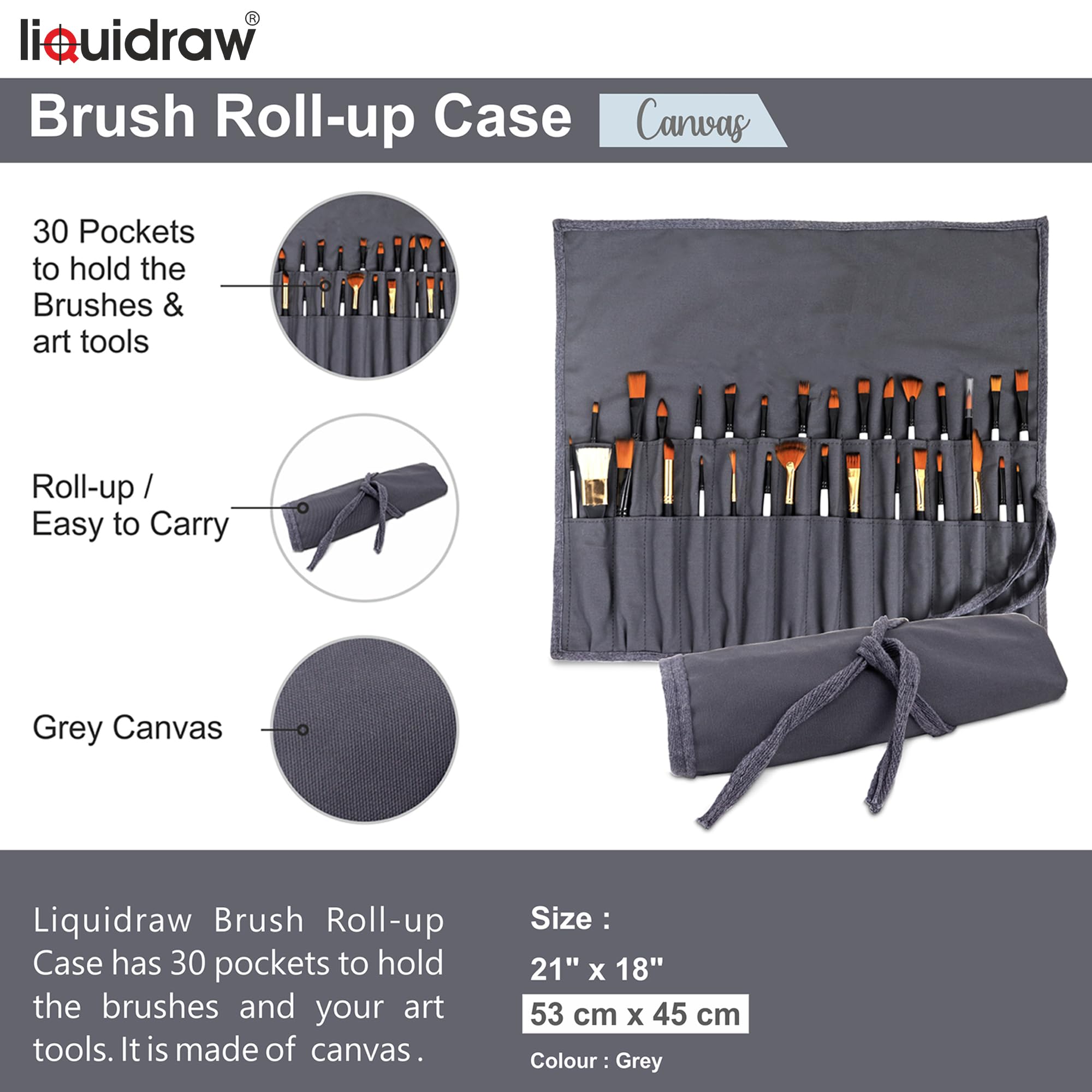 Liquidraw 30 Pocket Canvas Paint Brush Holder - Roll Up Storage for Art Tools | Grey 2