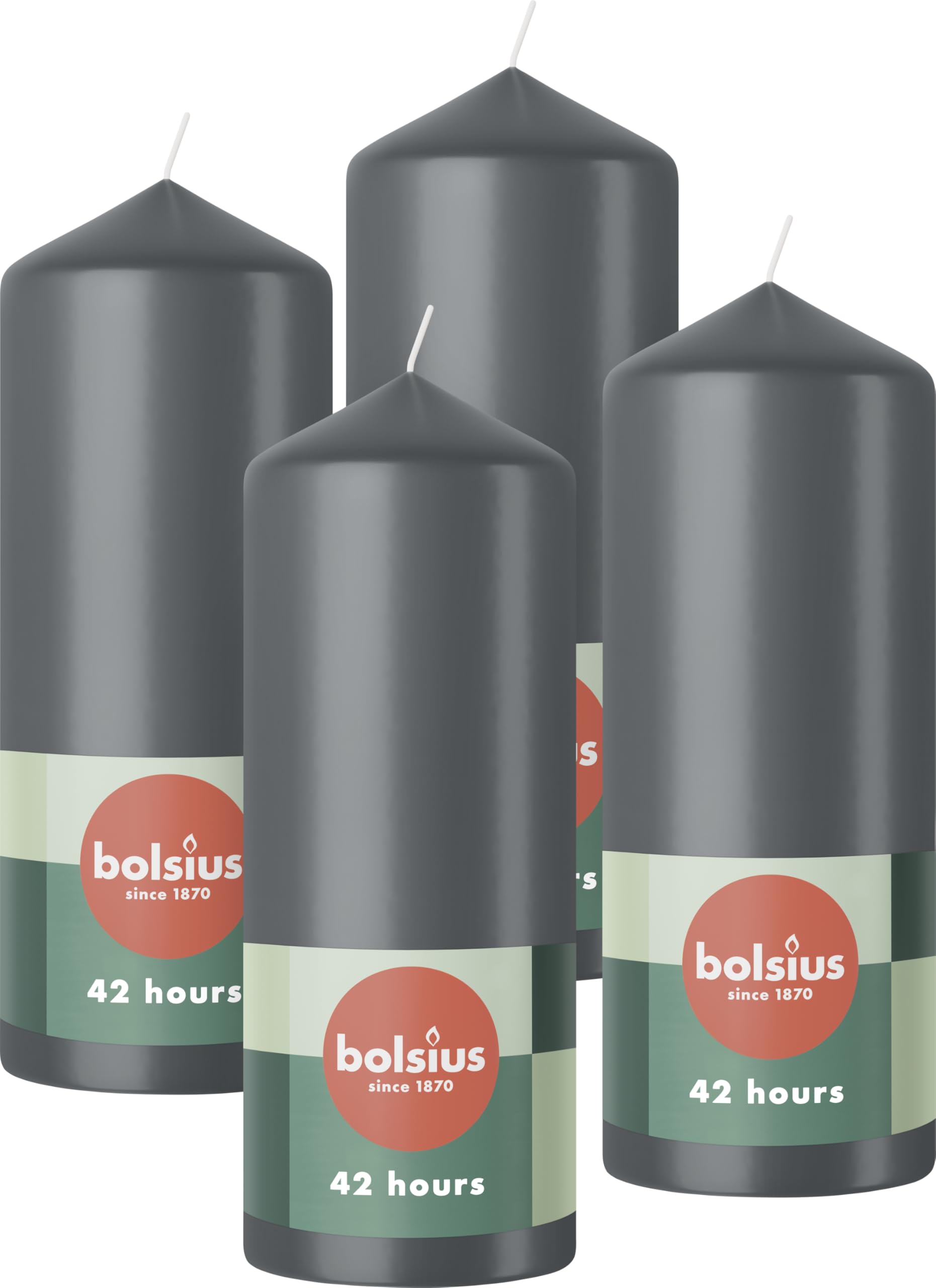 BOLSIUS Pillar Candles - Anthracite - 4-Pack | 15 x 6 cm | 42 Hour Burn Time | Unscented Vegan Wax