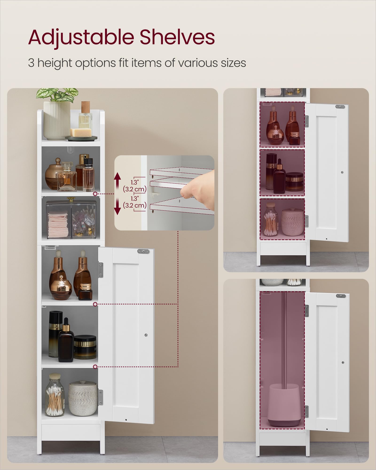 VASAGLE Slim Bathroom Floor Storage Cabinet - 92H cm Tall, Adjustable Shelves, Cloud White 5