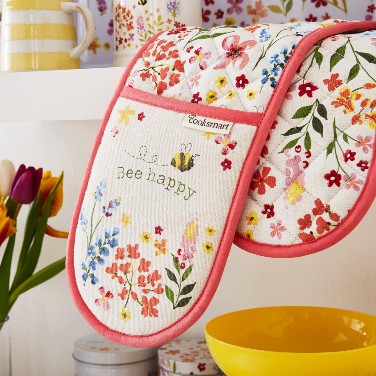 Cooksmart Double Oven Gloves - Heat Resistant Protection | Bee Happy Color | 100% Cotton
