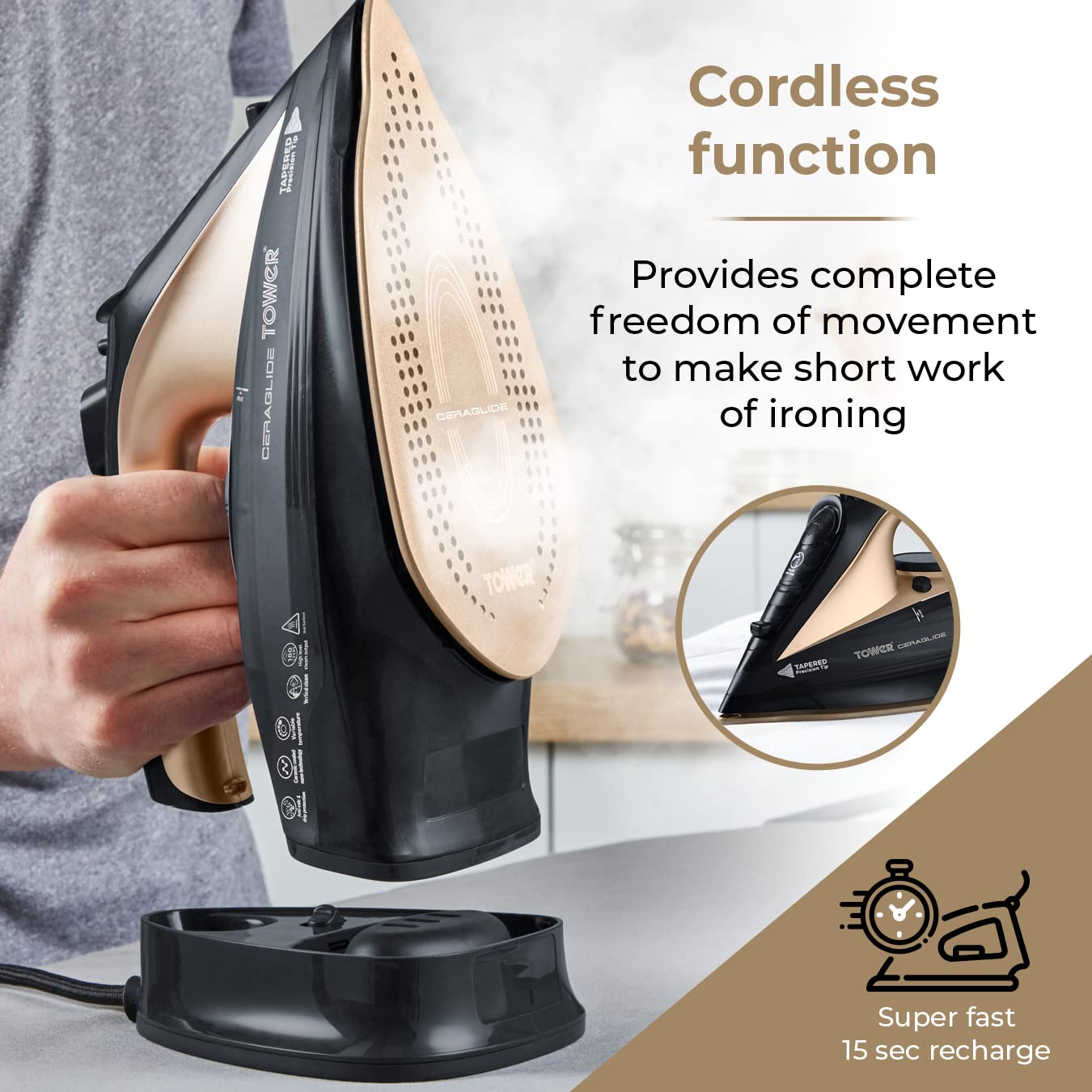 Tower T22008BKG CeraGlide Cordless Steam Iron - 2400W Power | Cordless/Corded Use | Ceramic Soleplate 4