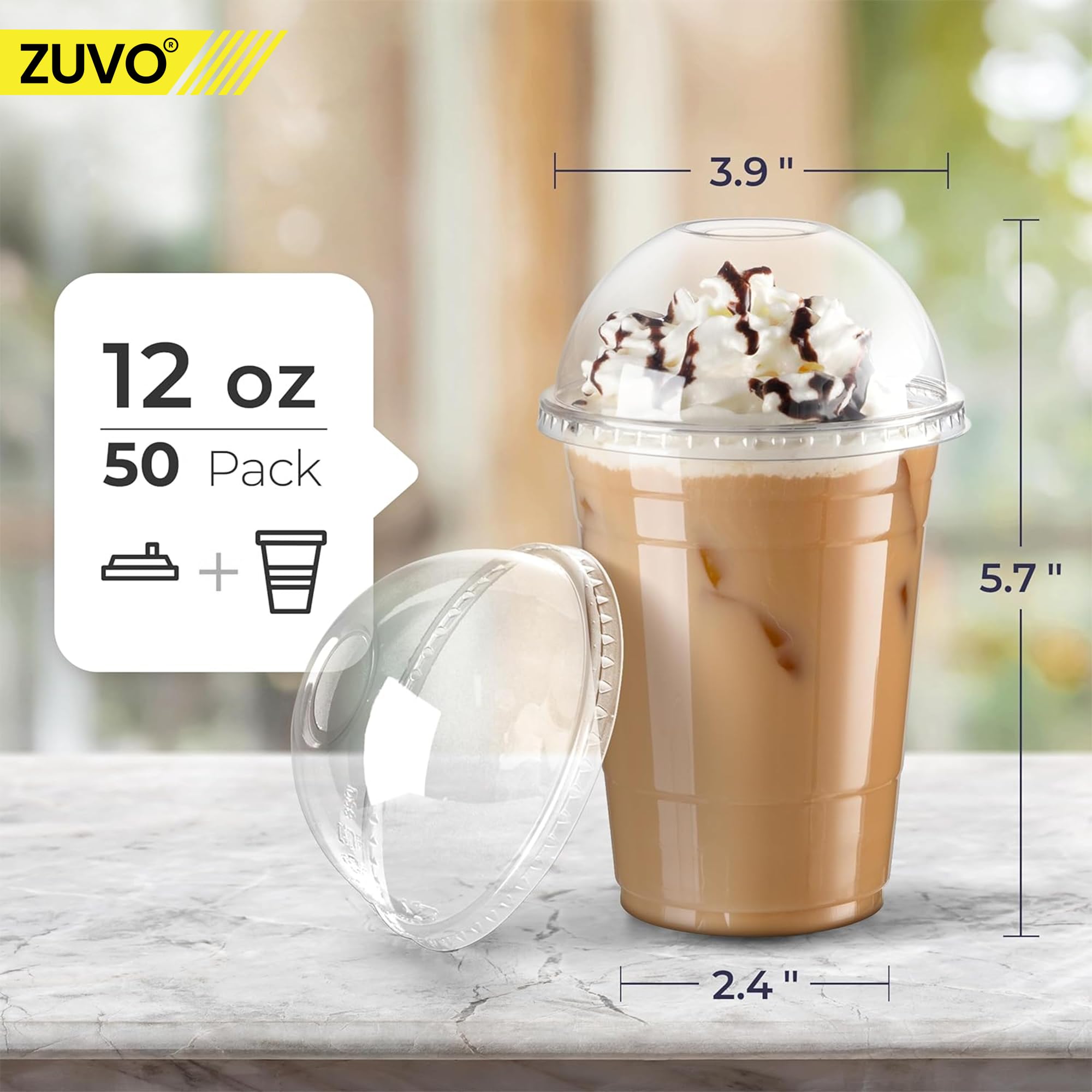 Zuvo Plastic Smoothie Cups with Dome Lids - 12 OZ (Pack of 50) - Leak Proof 3