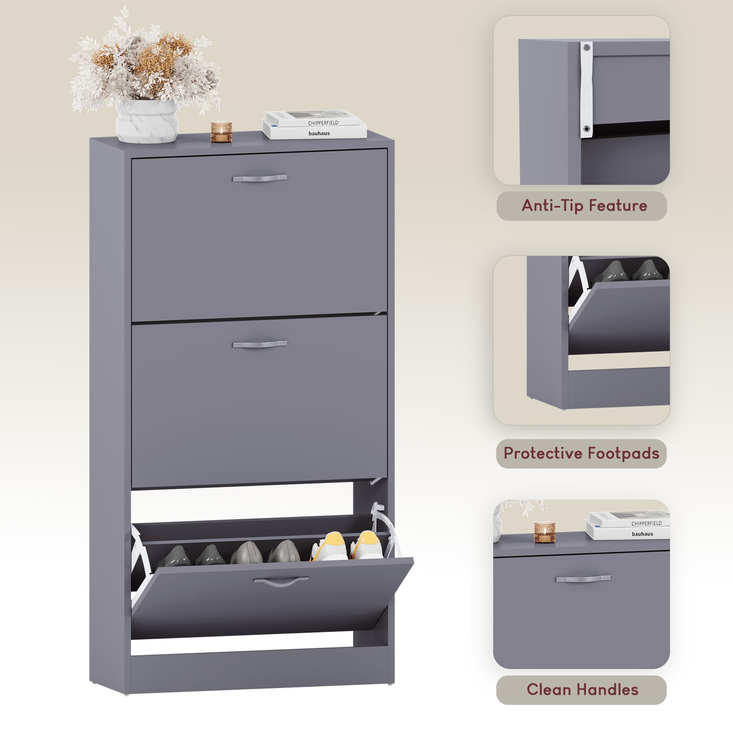 Vida Designs Wooden Shoe Cabinet - 3 Pull-Down Drawers | Slim Space-Saving Design | Grey 6