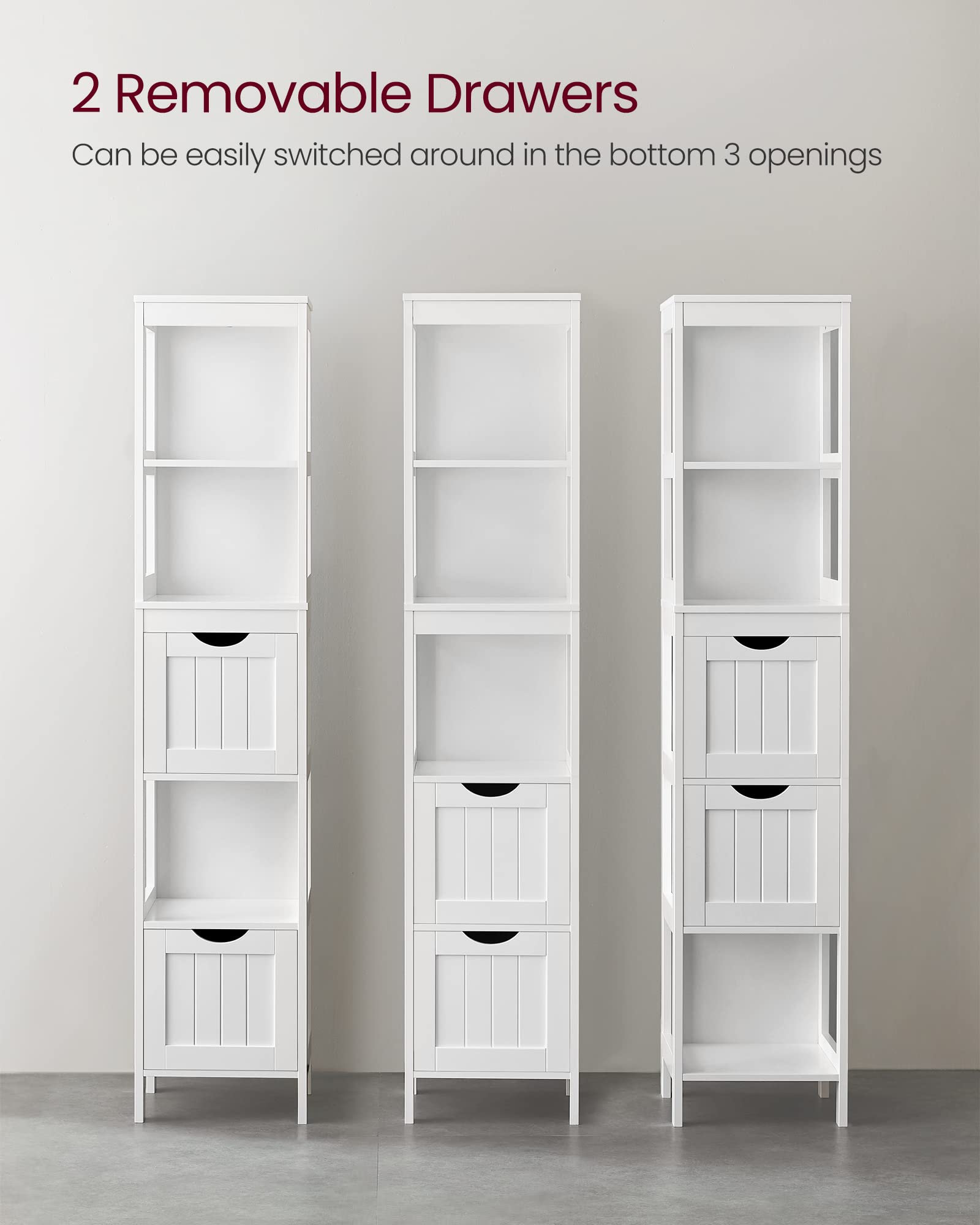 VASAGLE Bathroom Floor Cabinet - Freestanding Storage with 2 Drawers & 3 Open Shelves | White | 30x30x141.5 cm 4