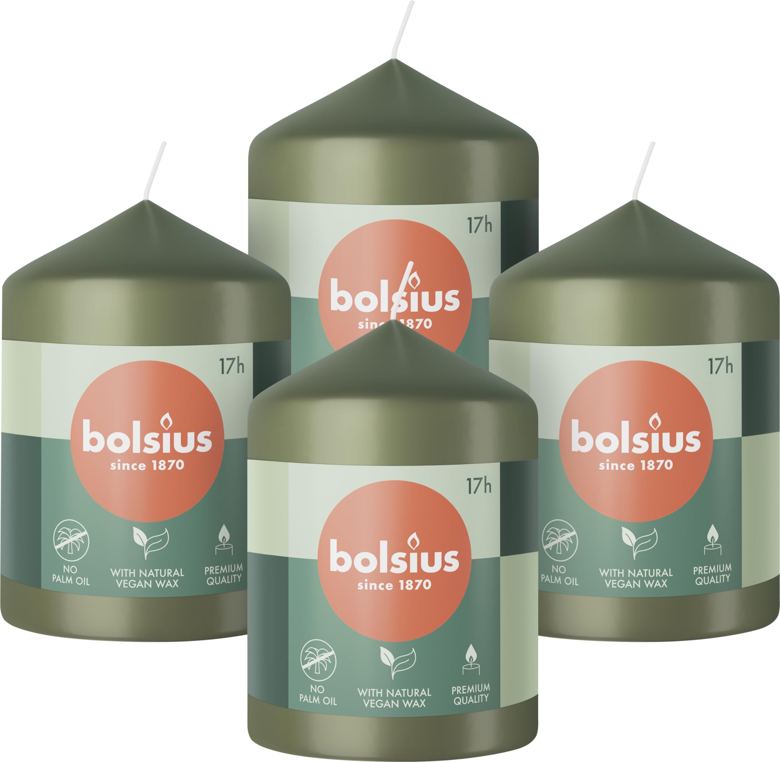 BOLSIUS Pillar Candles - Green - 4-Pack - 8 x 6 cm - 17 Hour Burn Time - Unscented Vegan Wax