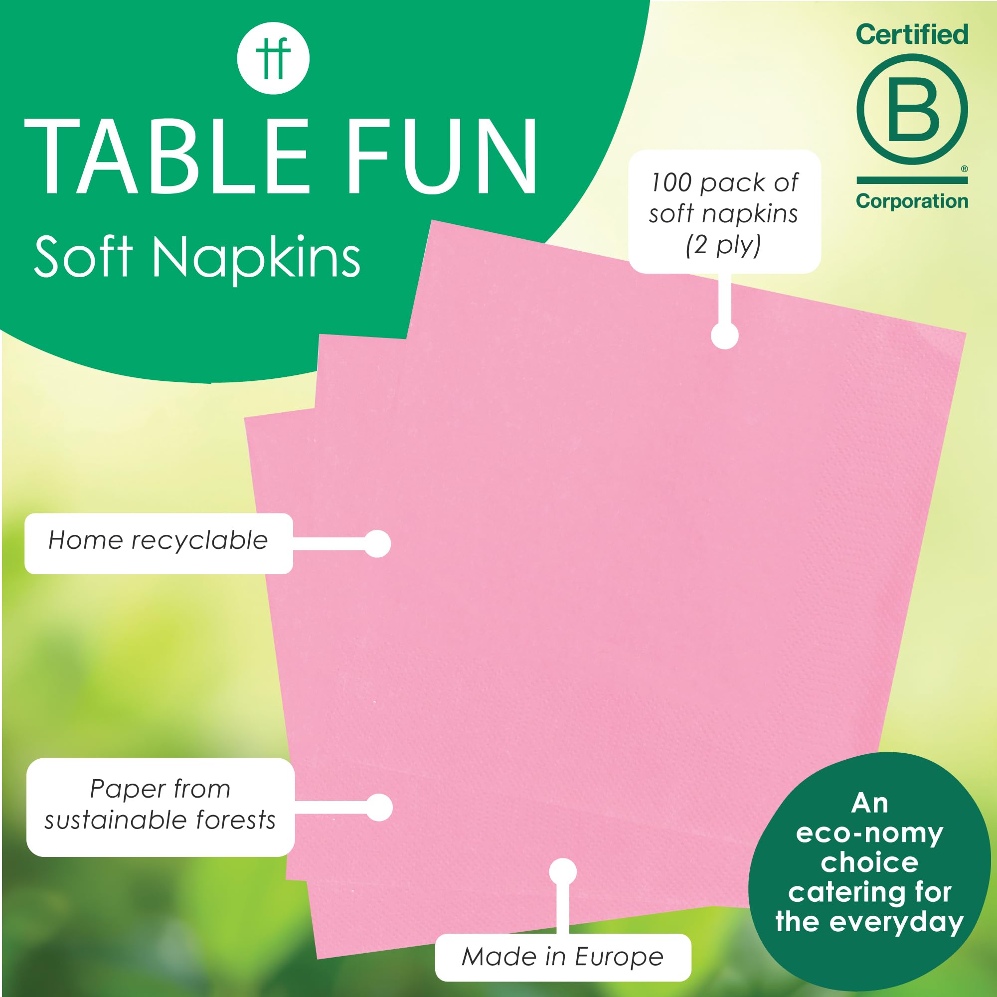 Talking Tables Soft Pink Paper Napkins - 100 Count, 2-Ply, 33cm Unfolded | Recyclable 2