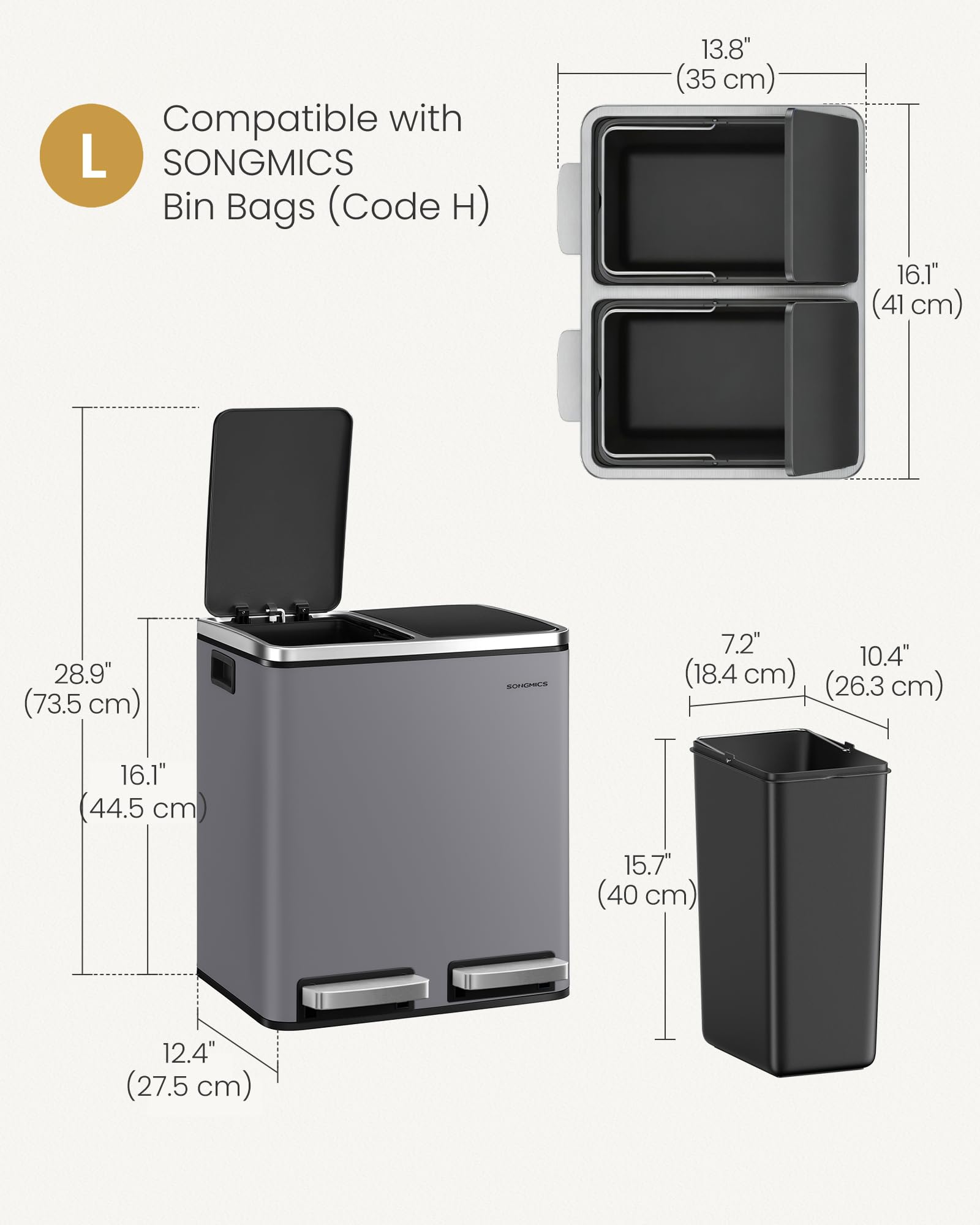 SONGMICS Dual Rubbish Bin - 2 Compartment Recycling Bin with Pedals, Soft Closure | 2 x 15 L | Slate Grey 5