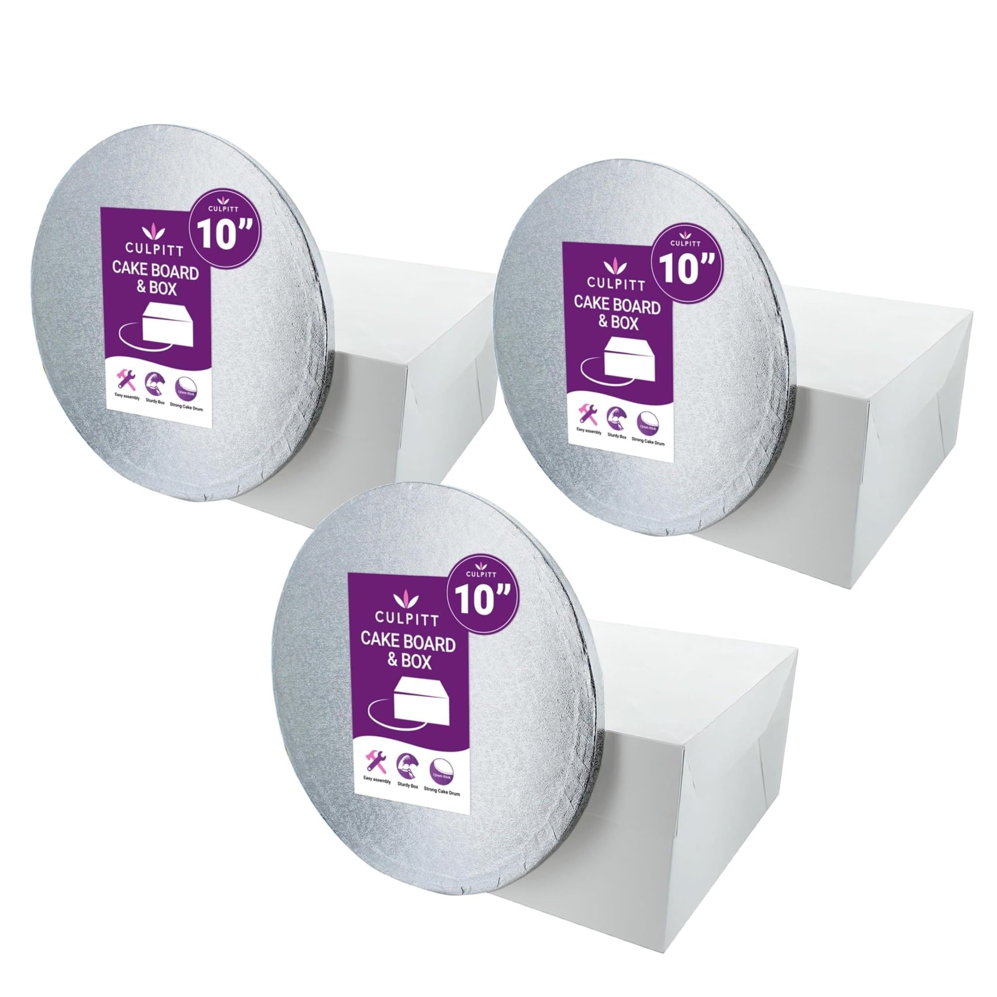 Culpitt Cake Box and Round Cake Drum Combo - 10 inch, 3 Pack | Sturdy Cardboard 1
