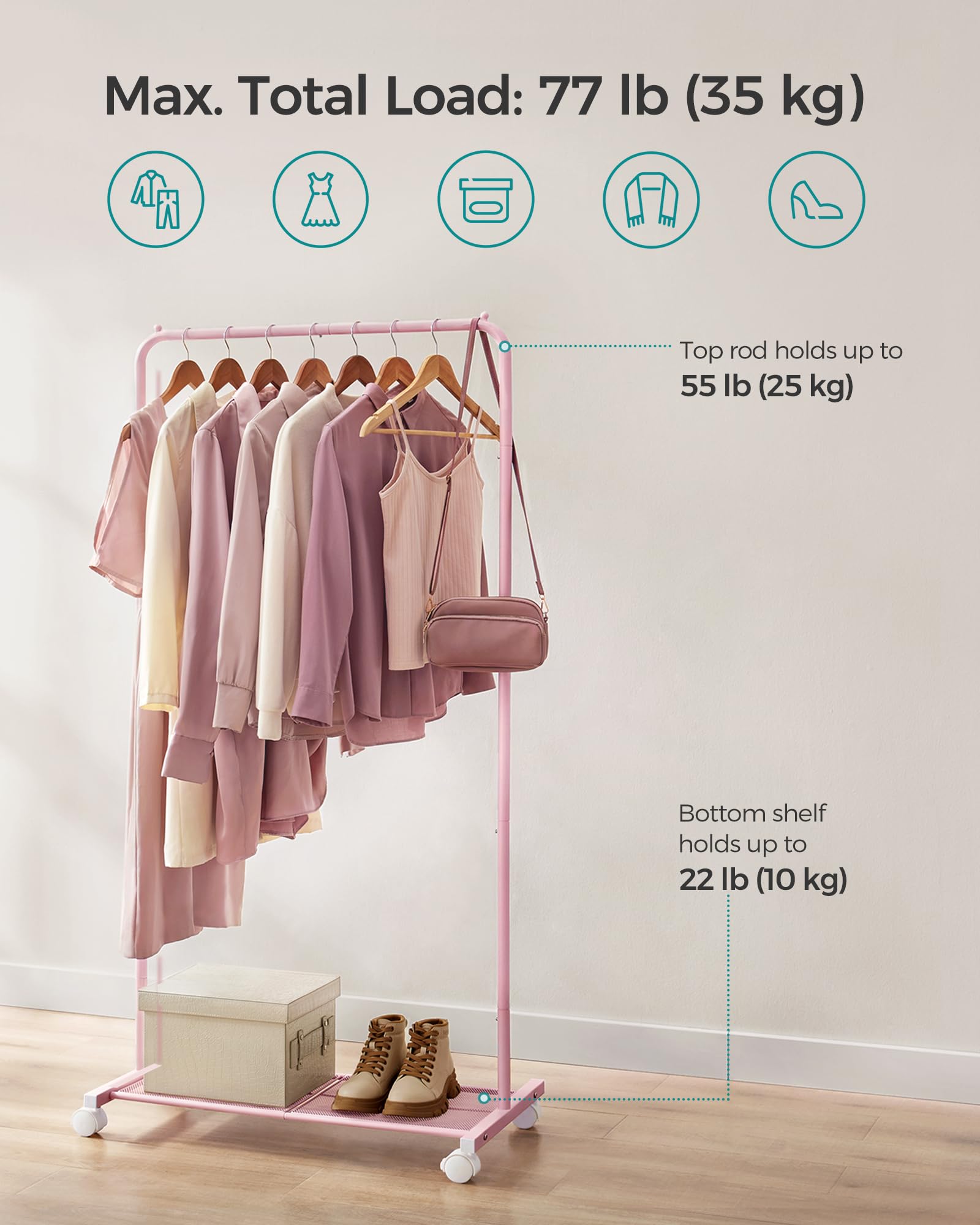 SONGMICS Clothes Rack on Wheels - Metal Rail with Storage Shelf | Pink | 74L cm 3