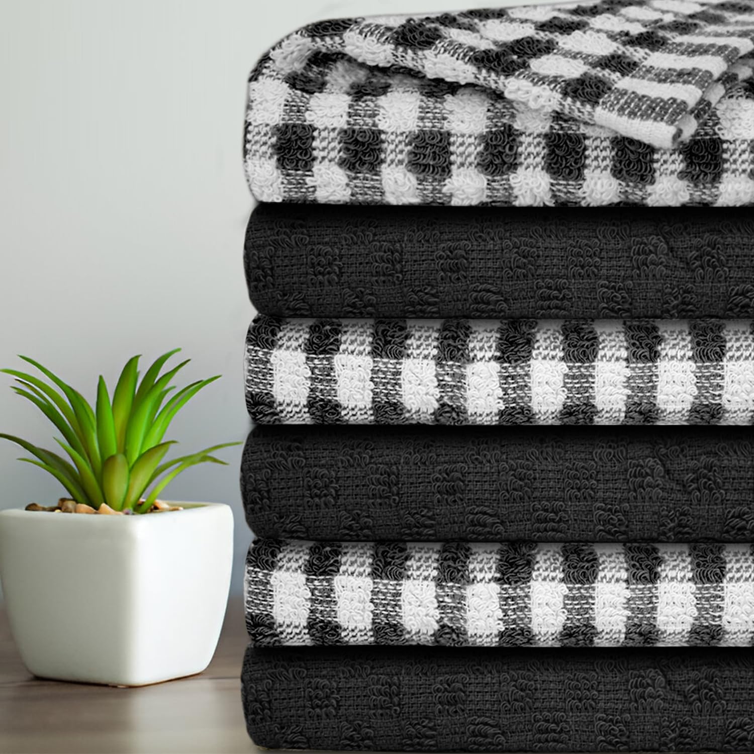 Casabella Pack of 6 Terry Cotton Kitchen Tea Towels - Black | Highly Absorbent | 45x65cm 1