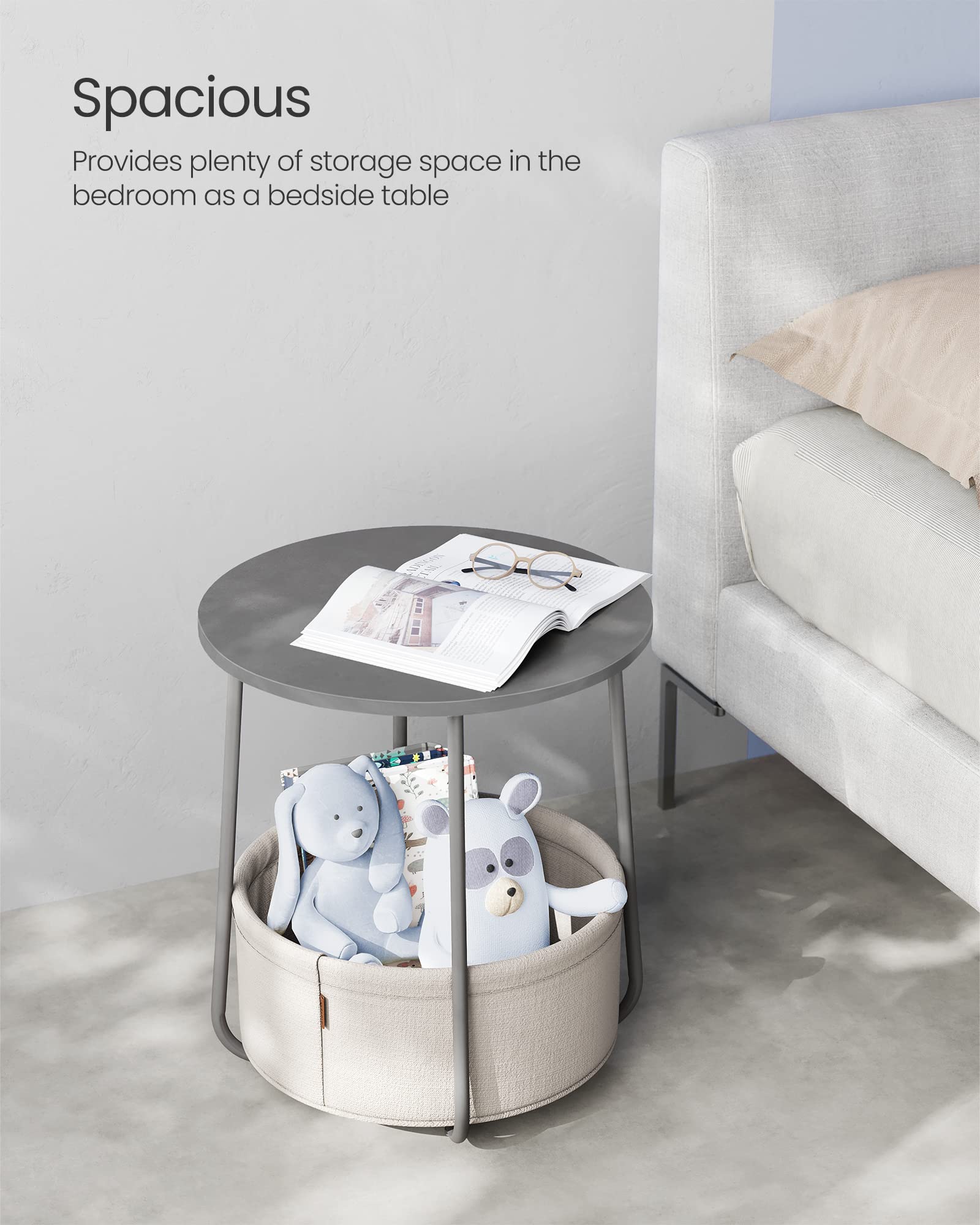 VASAGLE Round End Table with Fabric Basket - Cement Grey/Cloud White | 45 x 50 cm | Space Saving 4