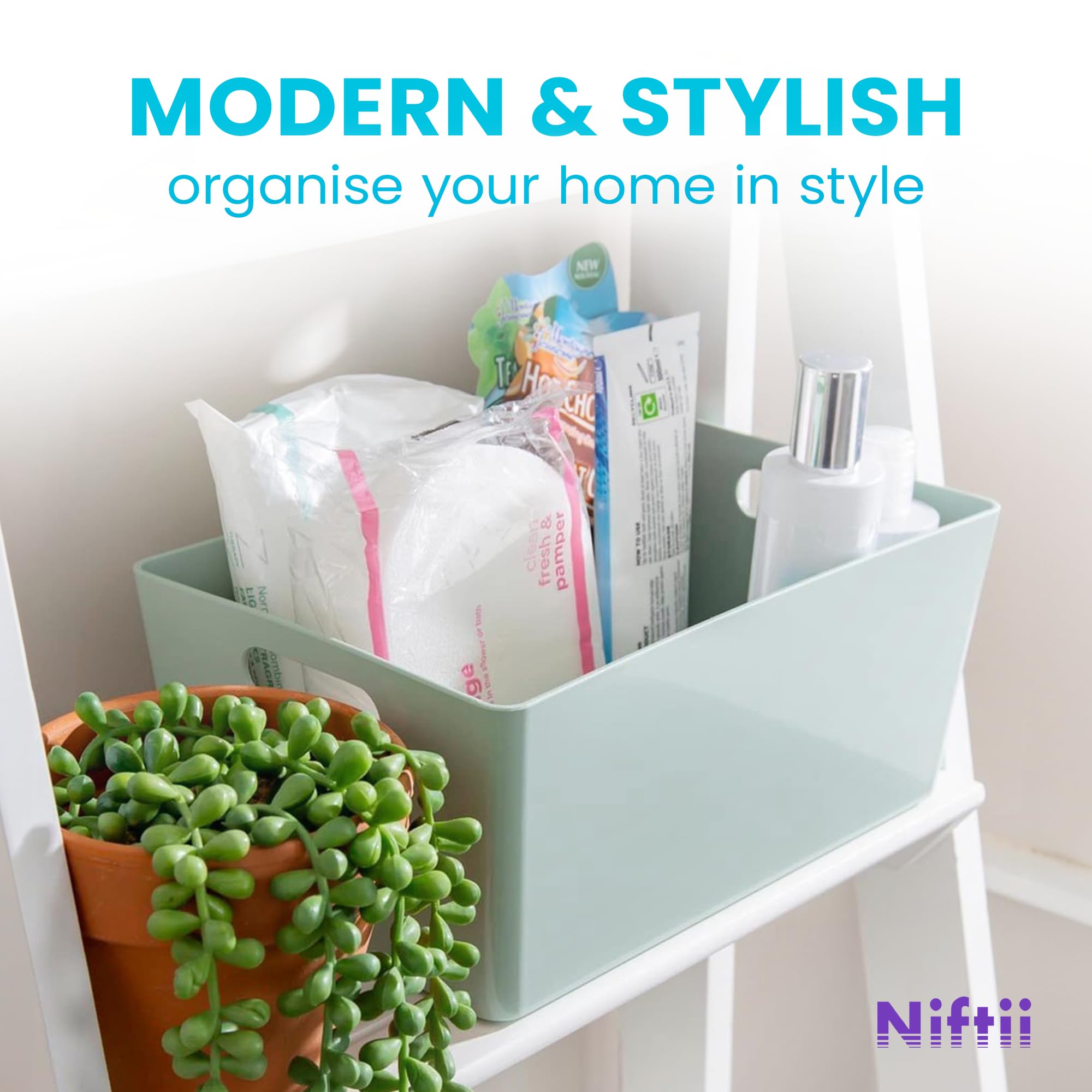 Niftii 5-Pack Plastic Shelf Baskets with Handles | 3.9L Capacity | Sage | Modern Style 5