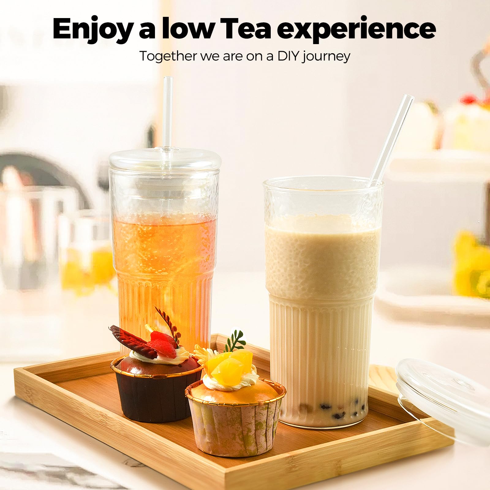 Woobroo 2 Pack 20oz/600ml Iced Coffee Glasses with Lids and Straws | Dual Textured Design 4