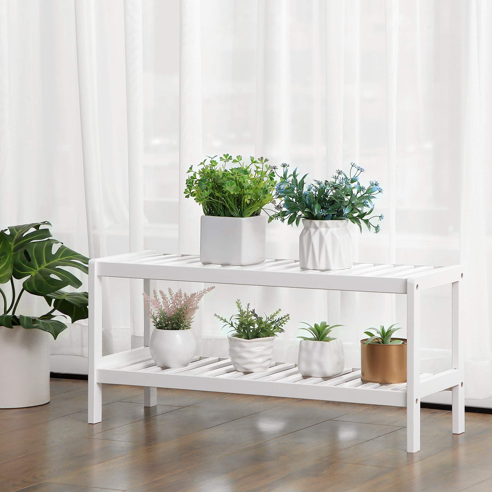SONGMICS 2 Tier Bamboo Shoe Rack Bench - White Finish | 70 x 26 x 33 cm | 10kg Capacity per Shelf 7