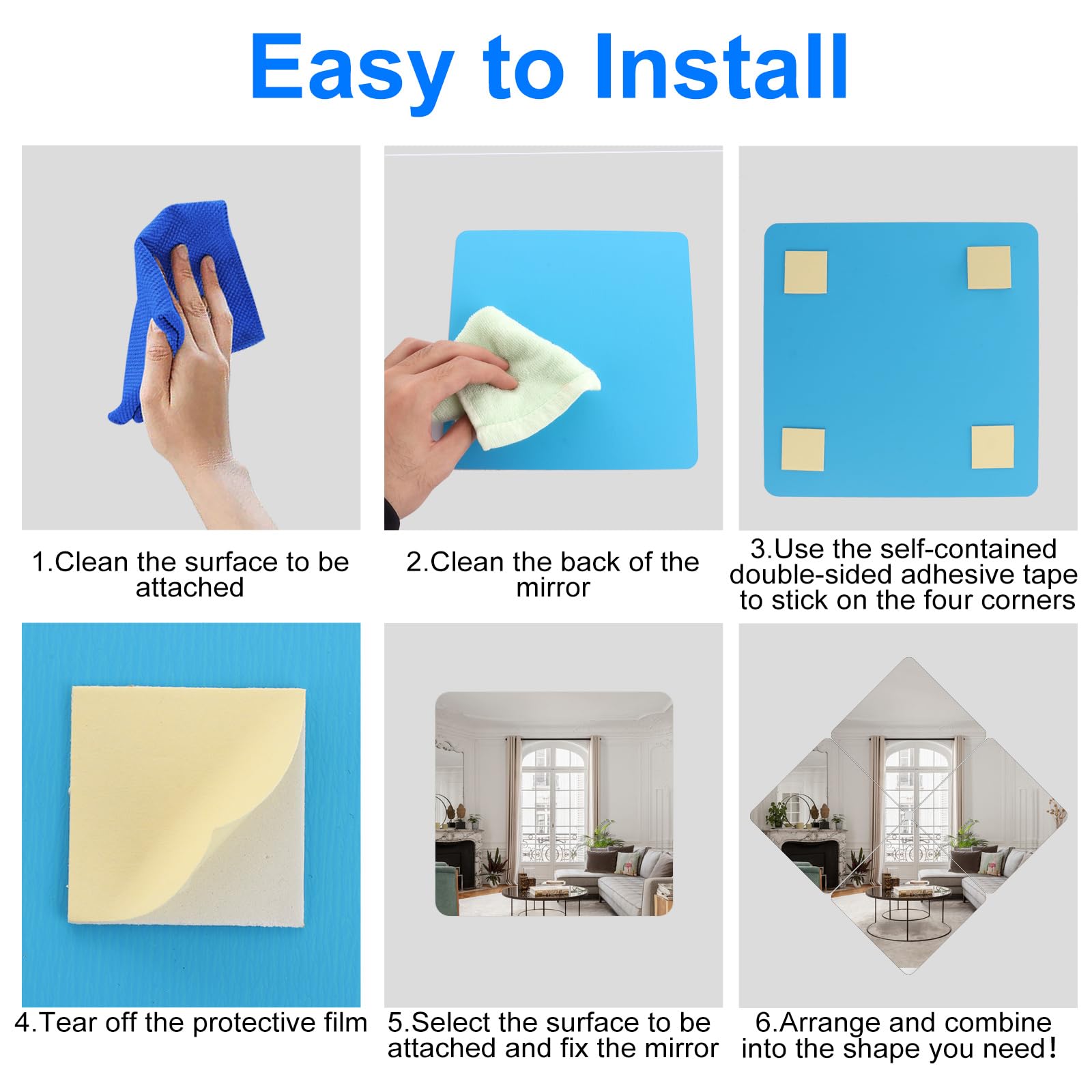 ASelected 6 Pack Self Adhesive Mirror Tiles 20x20 cm - Lightweight Acrylic for Home & Gym | Easy Installation 5