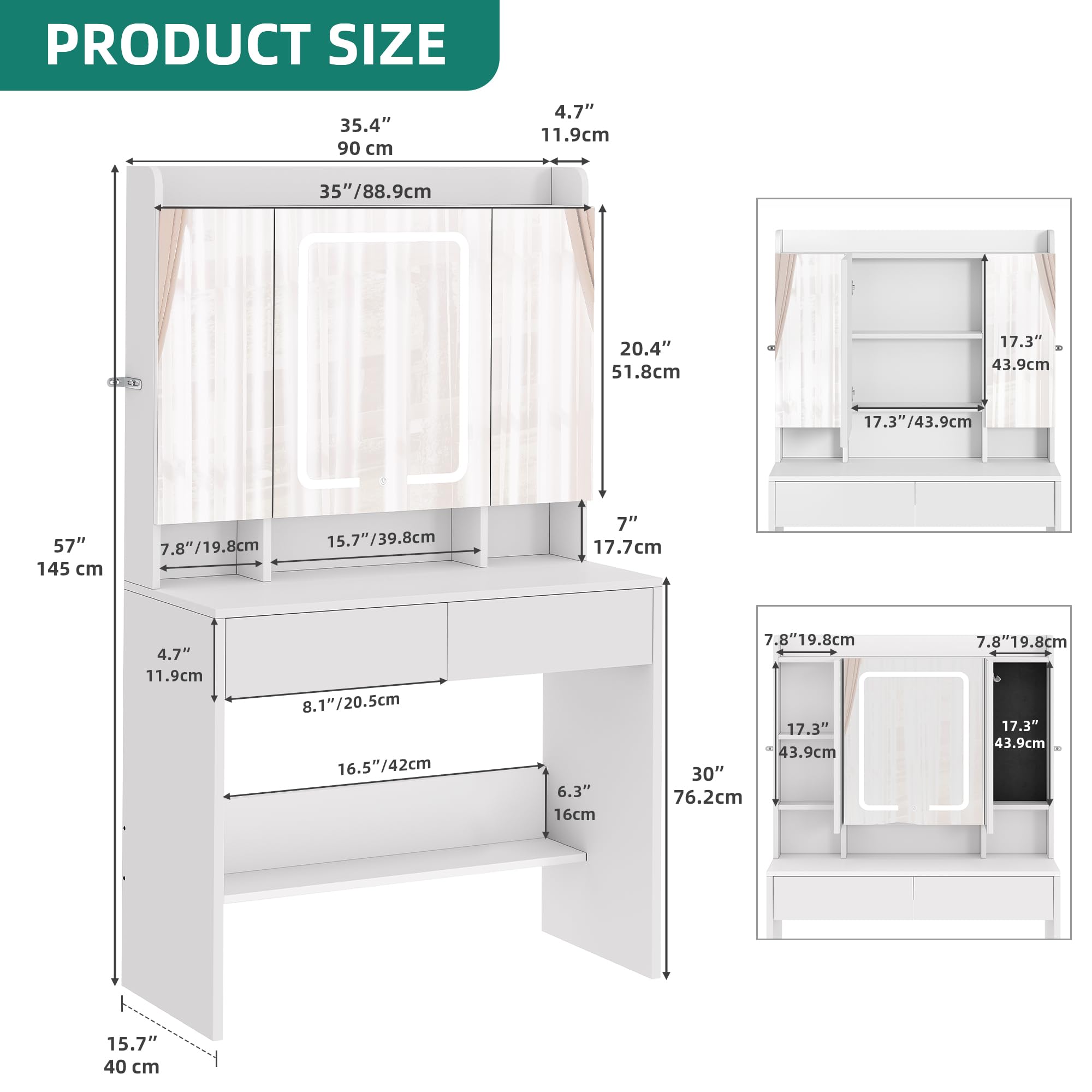 YITAHOME Dressing Table with Tri-Fold Mirror & LED Lights | White | 90 x 145 x 40 cm 3