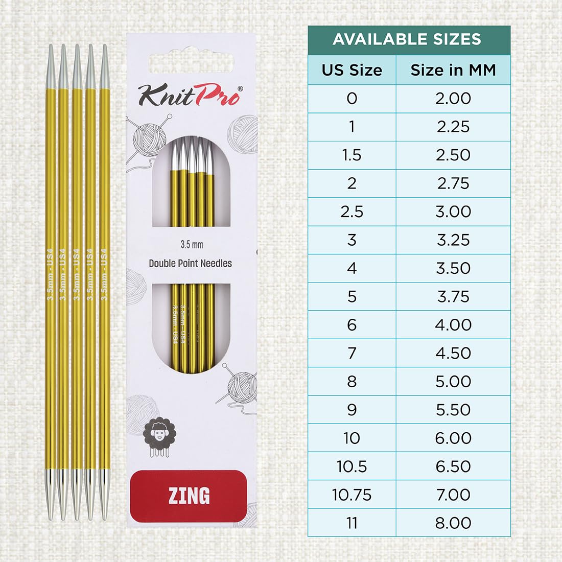 KnitPro Zing Double Ended Knitting Pins - 3.5mm x 20cm, Green Aluminium | Laser-Marked Sizes 4