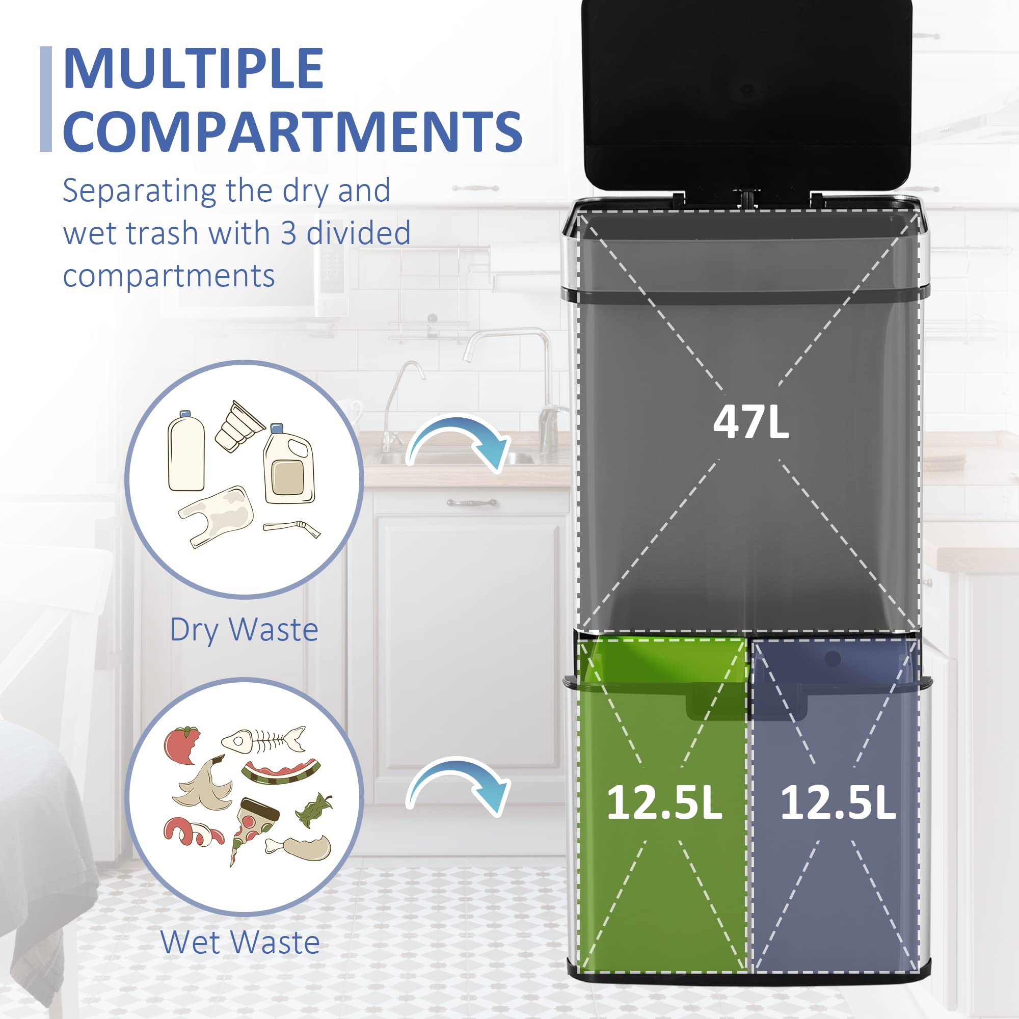 HOMCOM 72L Stainless Steel Sensor Trash Can - 3 Compartments for Waste Separation | Motion Sensor 5