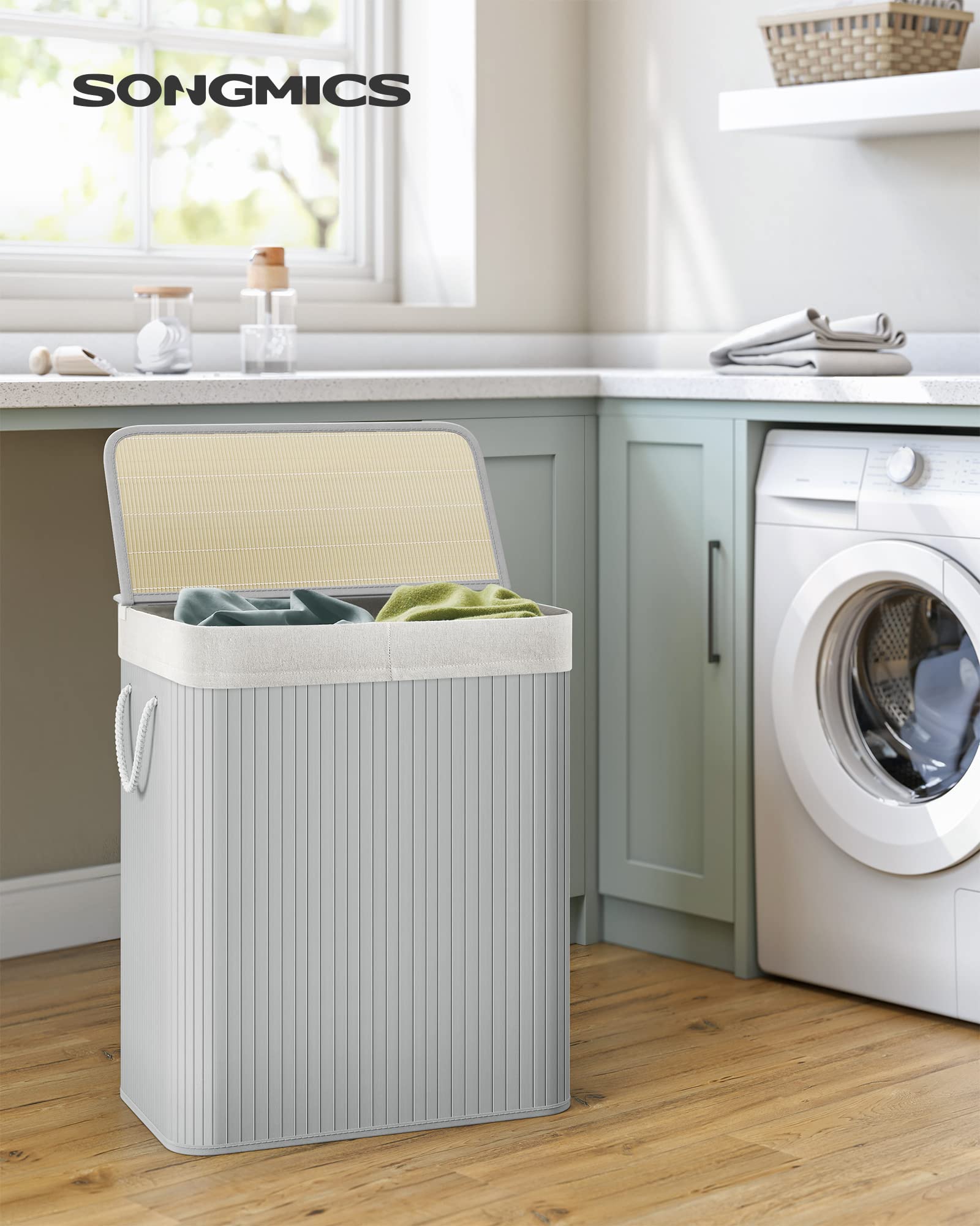 SONGMICS Bamboo Laundry Basket with Lid - 100L Volume, 2 Sorting Compartments, Removable Bag, Grey 2