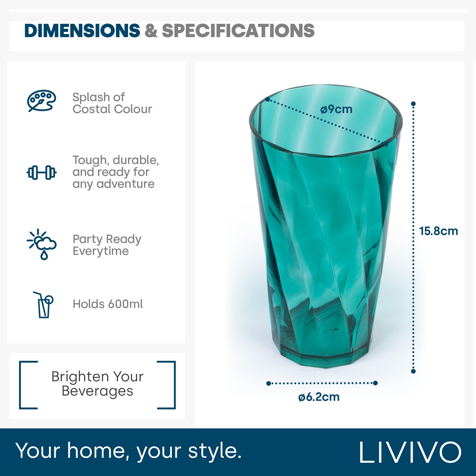 LIVIVO Acrylic Plastic Tumblers - Set of 6 Reusable Drinking Glasses, 16 oz Capacity 8