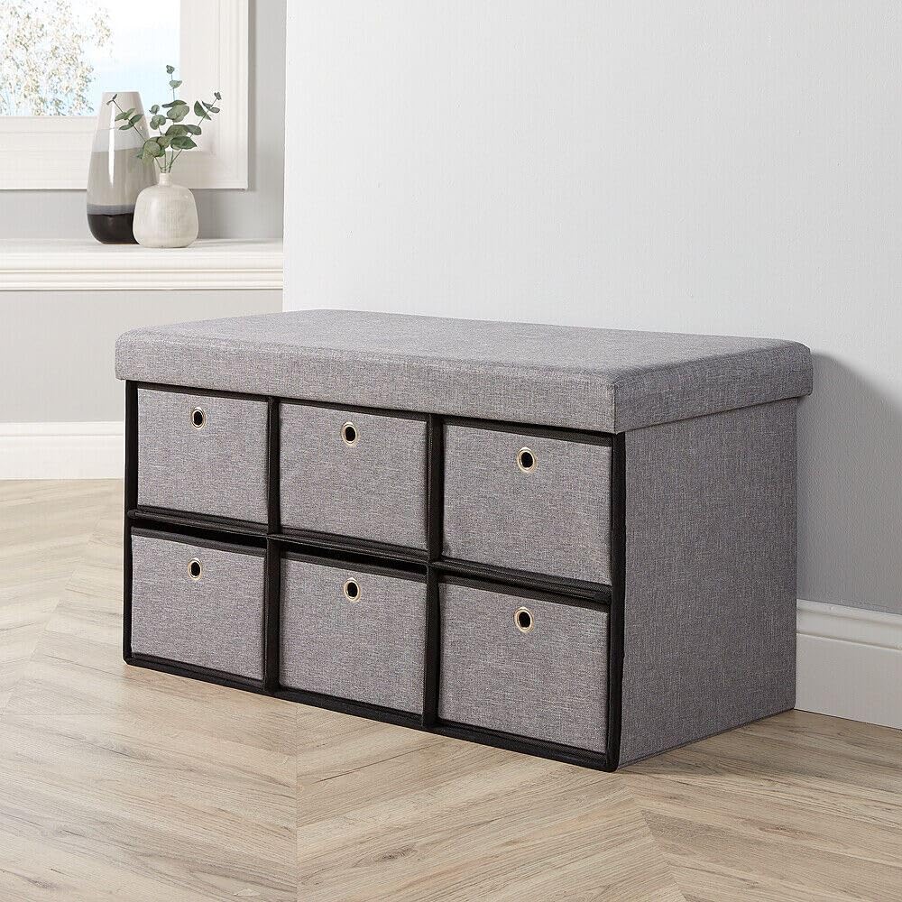Home Source Folding Ottoman 6 Drawer Fabric Storage Chest | 76cm Width | Grey 1