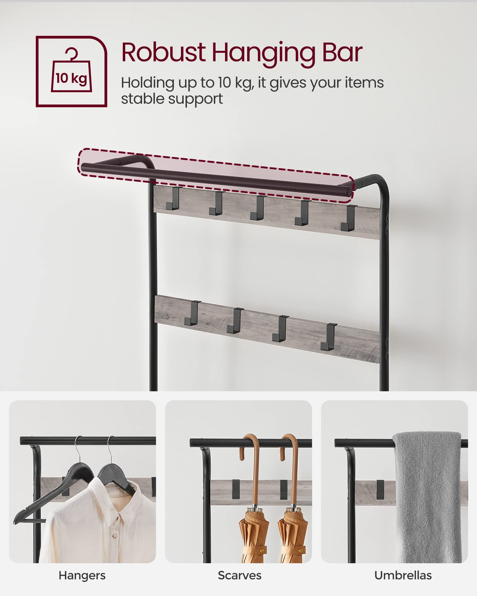 VASAGLE 4-in-1 Coat Rack with Shoe Storage Bench | 9 Removable Hooks | Greige & Black | 72 x 34 x 183 cm 4