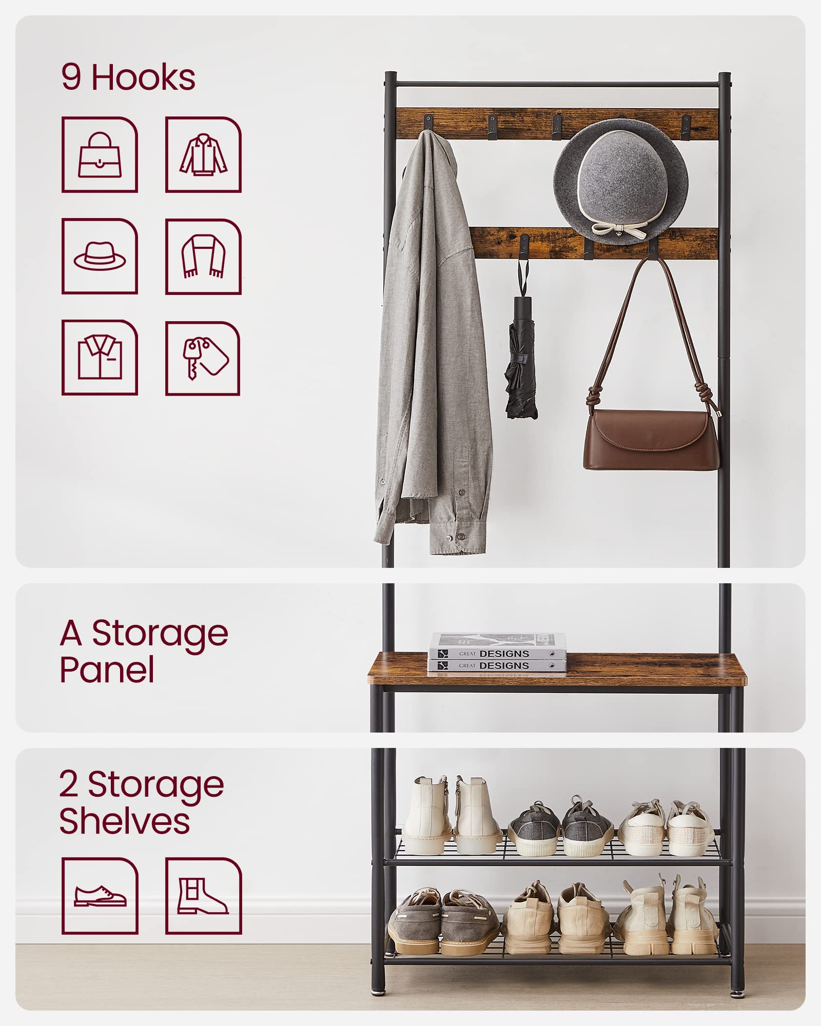 VASAGLE Hallway Coat Rack with Bench and Shoe Storage | 9 Hooks | Rustic Brown + Black 8
