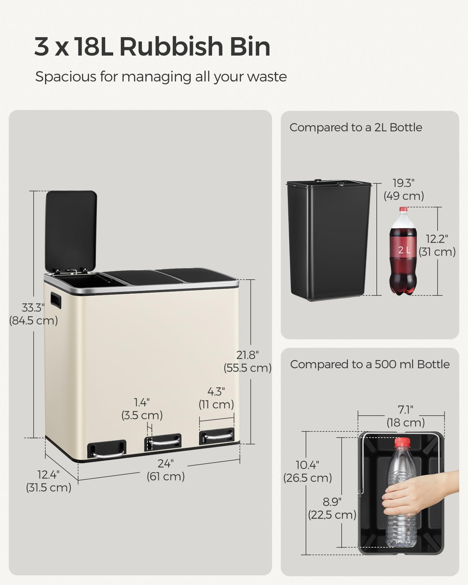 SONGMICS 3 Compartment Kitchen Recycling Bin, 3 x 18L Capacity, Steel, Sandy Beige | Soft-Close Lids 6