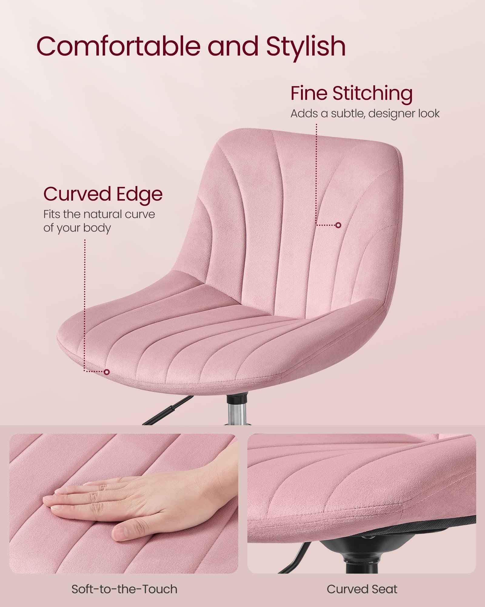 VASAGLE Height Adjustable Swivel Bar Stool with Backrest in Jelly Pink Velvet | 37.5-49.5 cm Height Range 6