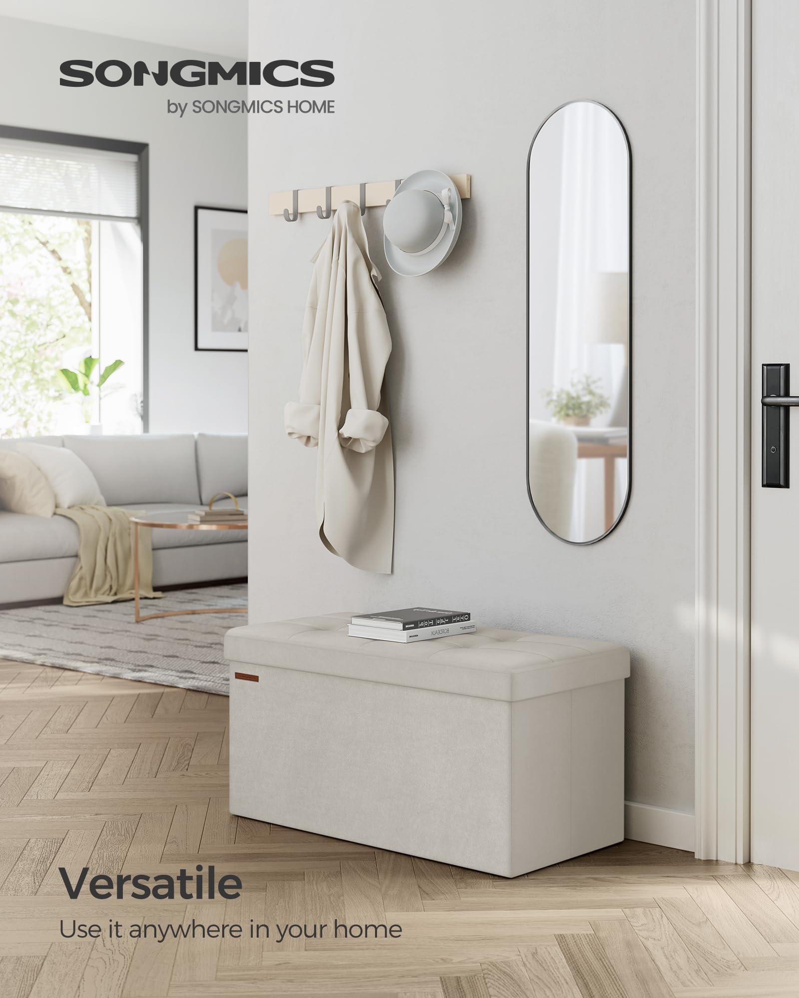 SONGMICS Storage Ottoman - Foldable Foot Rest with 89L Capacity | Cream White Velvet | 300 kg Load 4