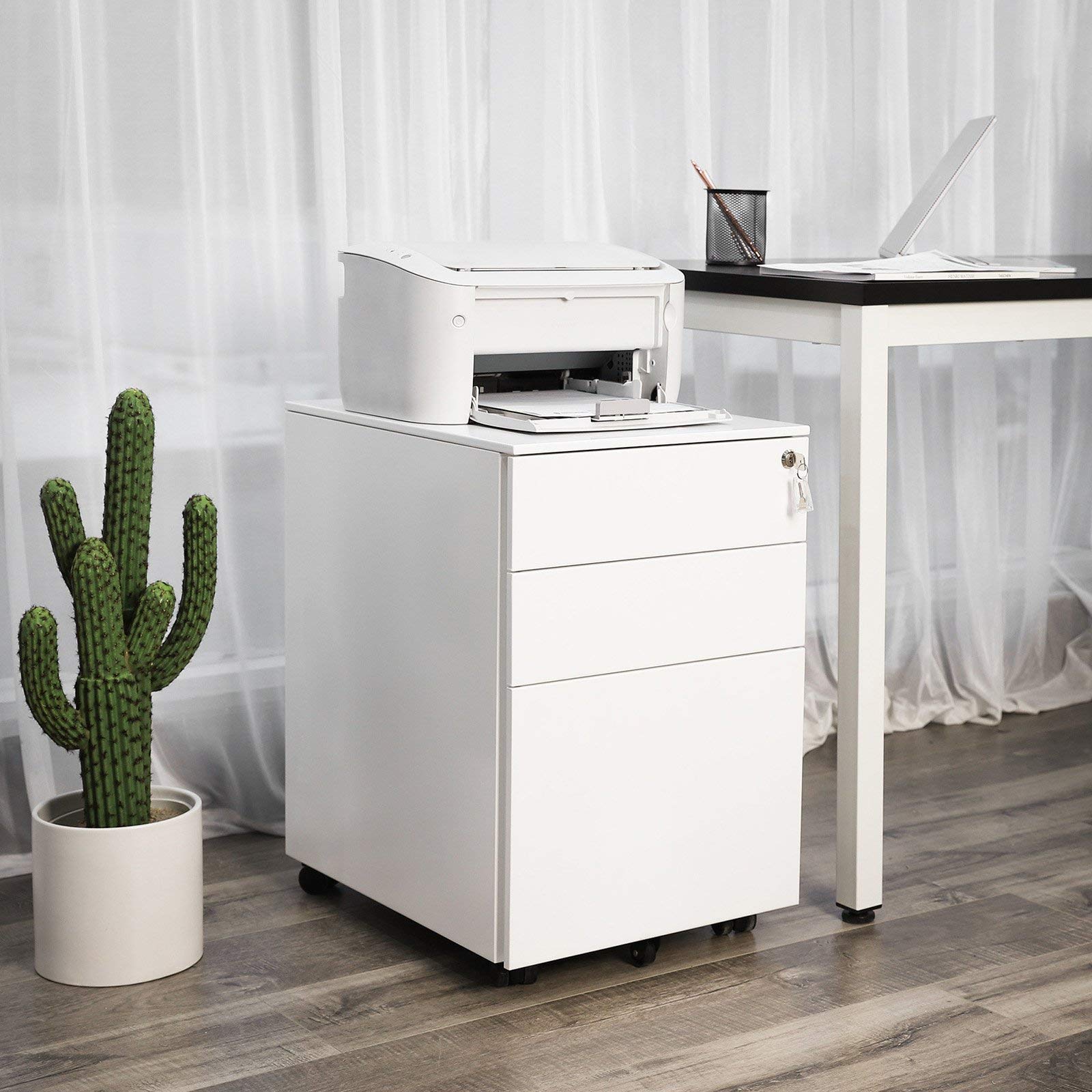 SONGMICS Mobile File Cabinet - 3 Drawers Lockable Steel Pedestal | White | 39x52x60cm 4