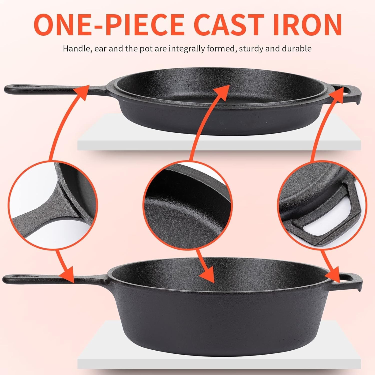 OVERMONT Cast Iron Dutch Oven with Lid - 3L Capacity, 26CM Diameter, Pre-Seasoned 7