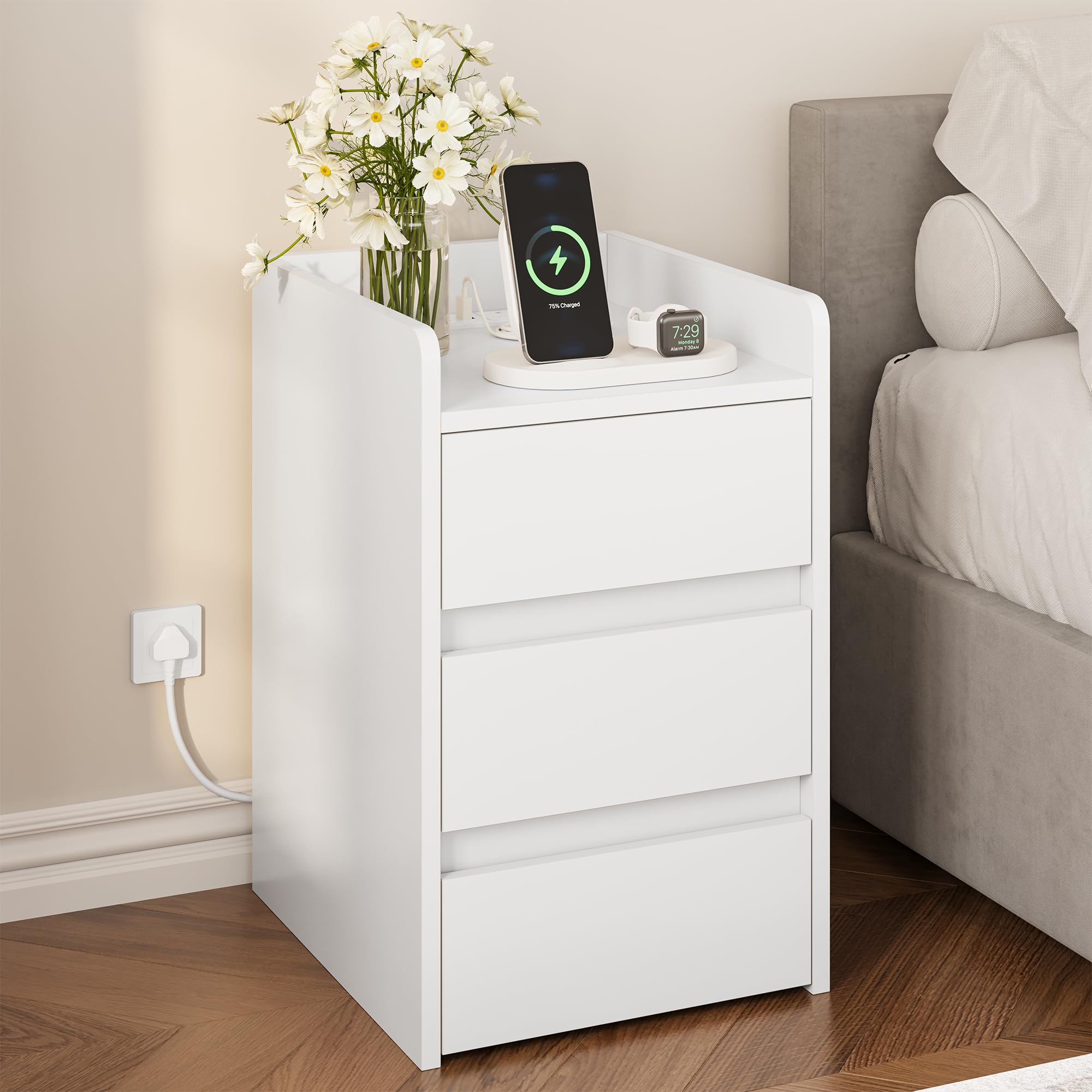 YITAHOME Bedside Table with 3 Drawers and Built-in Power Station | White Engineered Wood | 35x40x59cm 1
