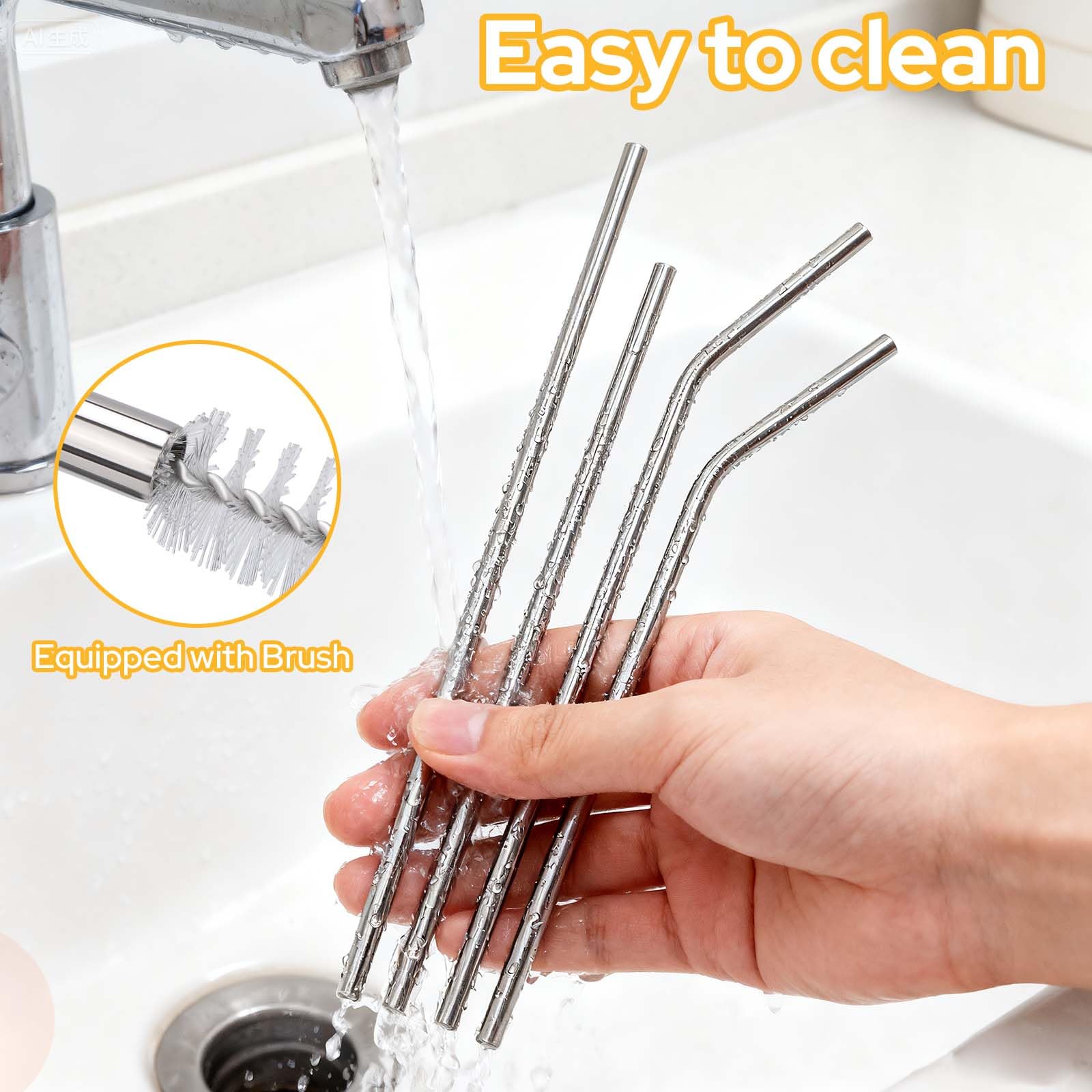 Euqvunn 16 Pc Stainless Steel Reusable Straws Set - 8 Straight & 8 Curved, Silver 3