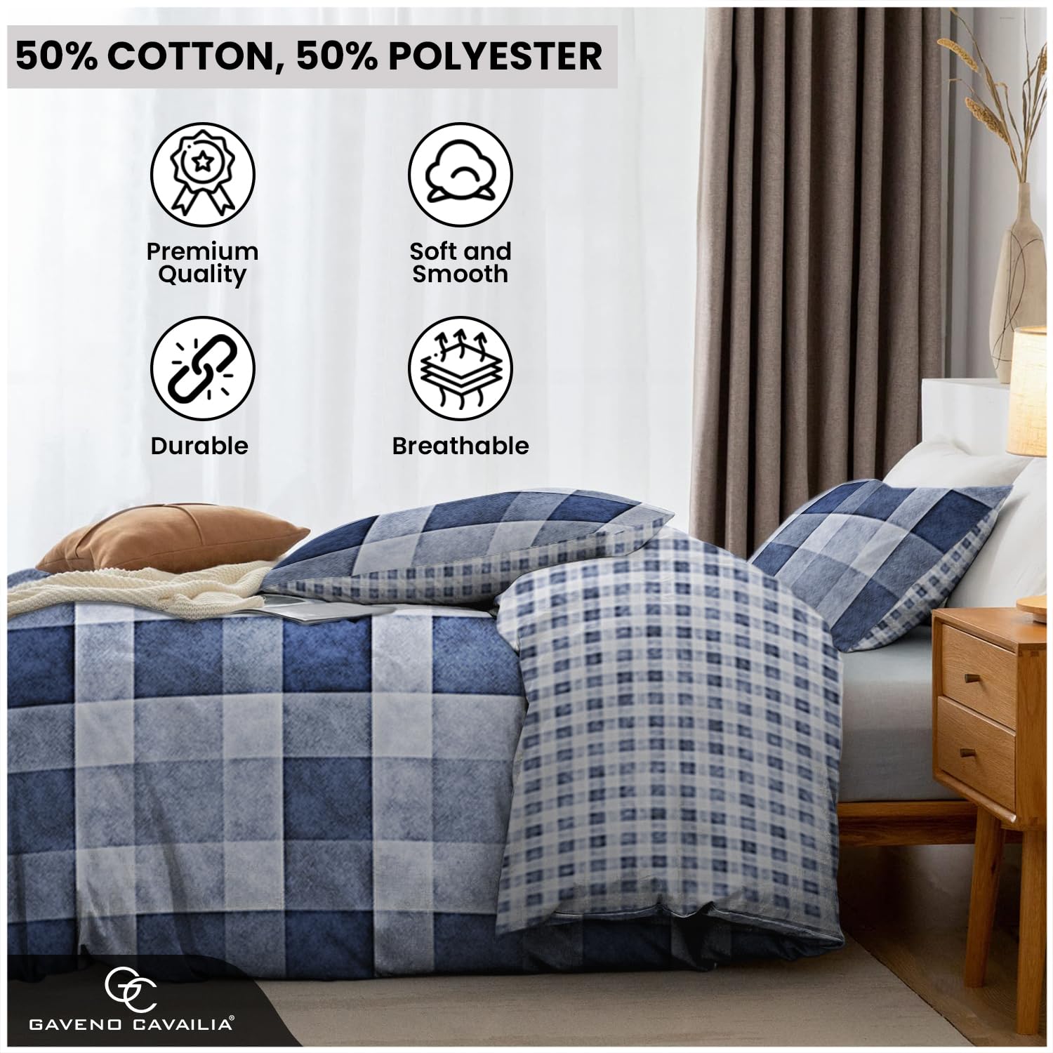 GC GAVENO CAVAILIA Polycotton Checked Duvet Cover Set | Double Size (200cm x 200cm) | Blue 3