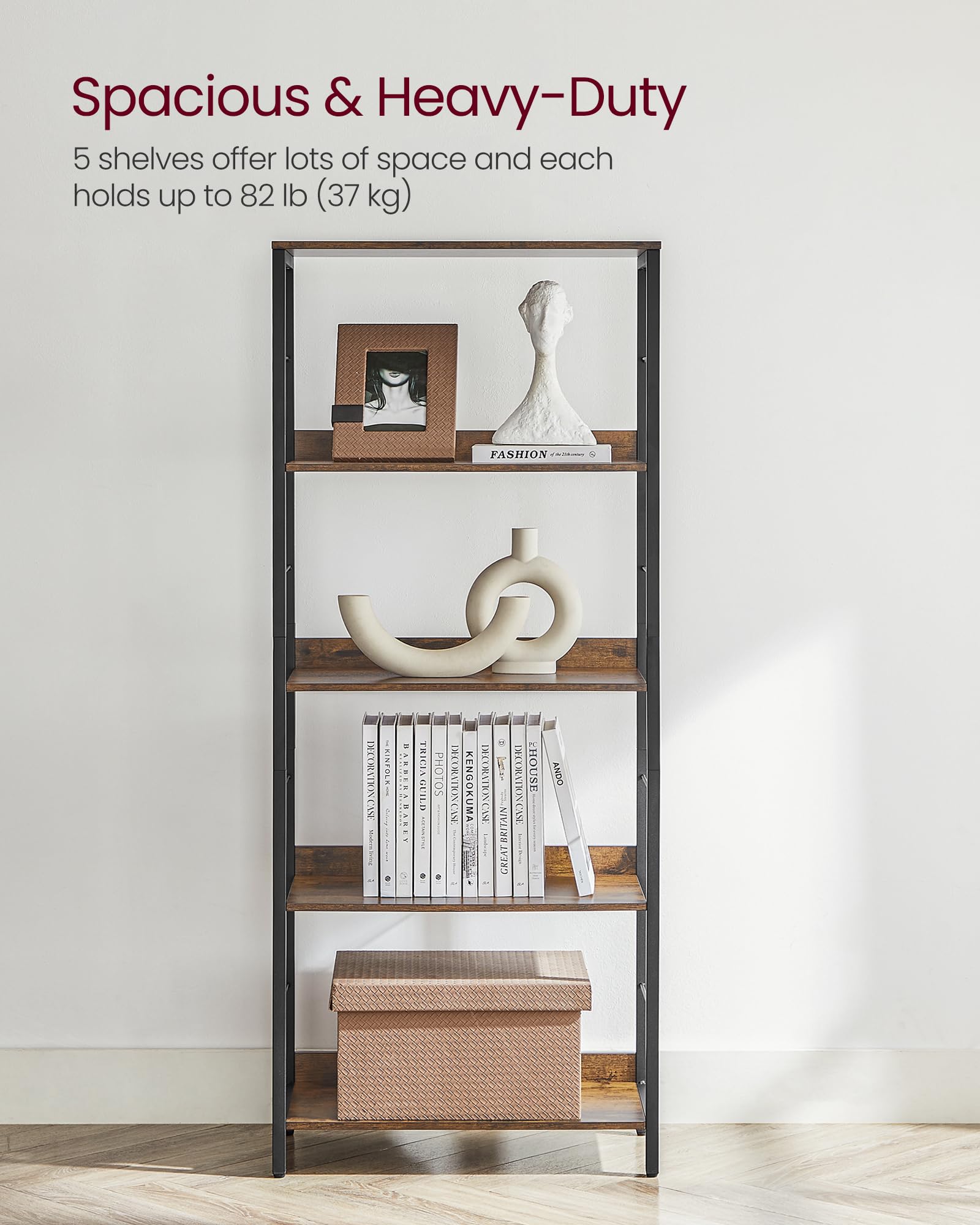 VASAGLE 5-Tier Bookcase - Rustic Brown/Ink Black | 30 x 60 x 144 cm | Supports 37 kg per Shelf 9
