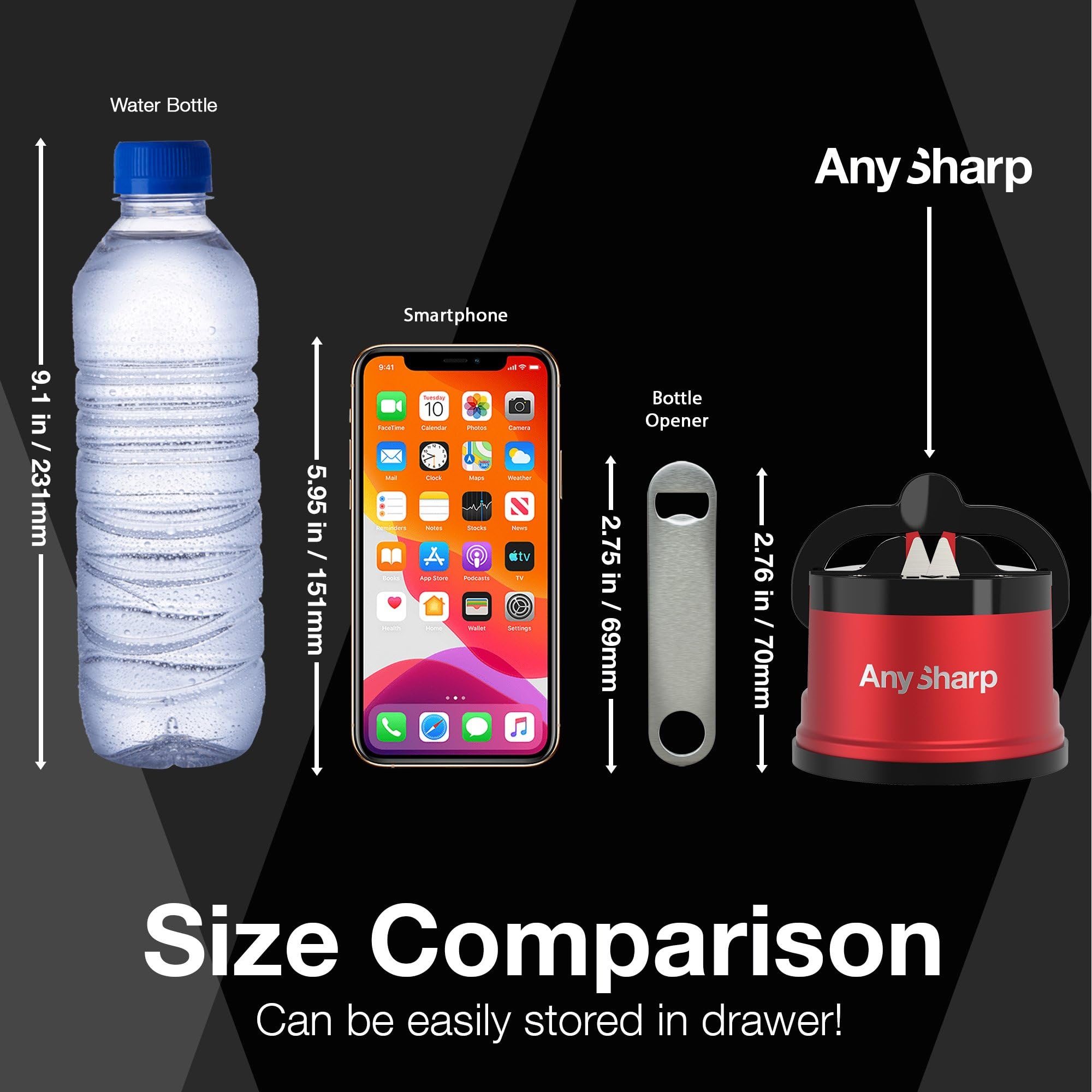 AnySharp Pro Metal Knife Sharpener - Hands-Free Safety Suction | Tungsten Carbide | Red 3