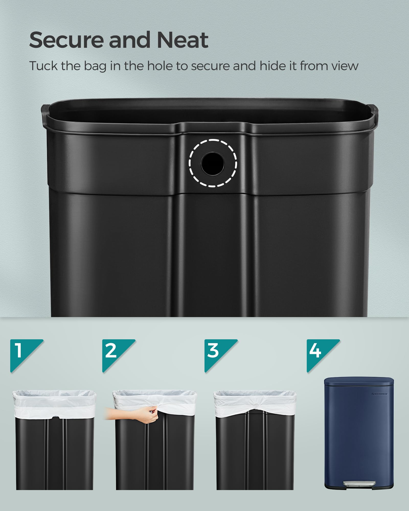 SONGMICS 50L Kitchen Bin - Soft Close Pedal, Steel Construction, Inner Bucket | Blue 5