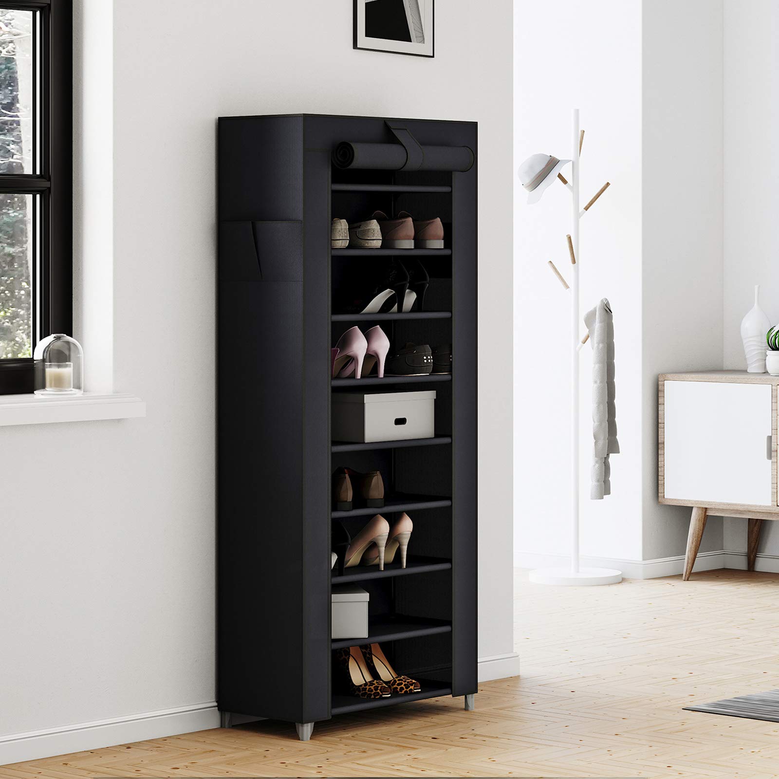 SONGMICS 10-Tier Shoe Rack with Dustproof Cover | 27-35 Pairs Capacity | 58 x 28 x 160 cm | Black 4