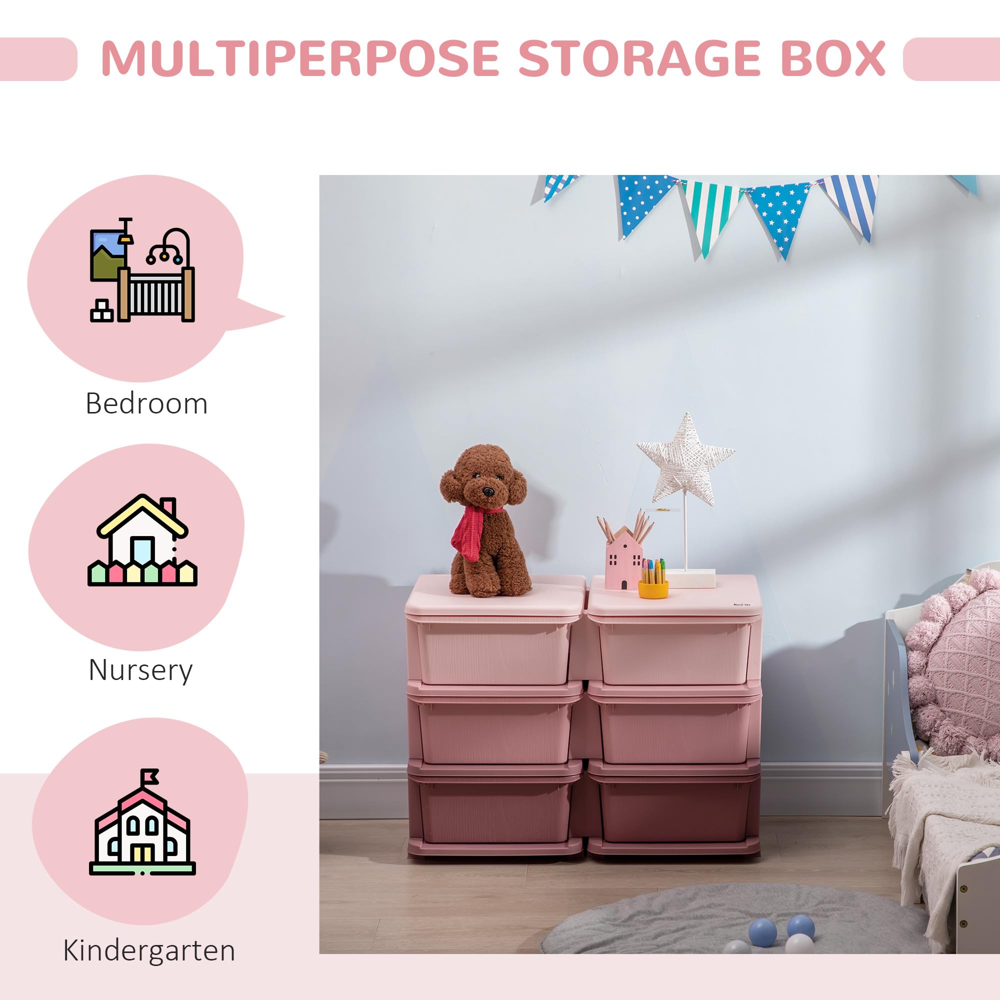 HOMCOM 6-Drawer Plastic Toy Storage Unit for Kids | 3-Tier Organization | Pink | 75L x 37W x 56.5H cm 5