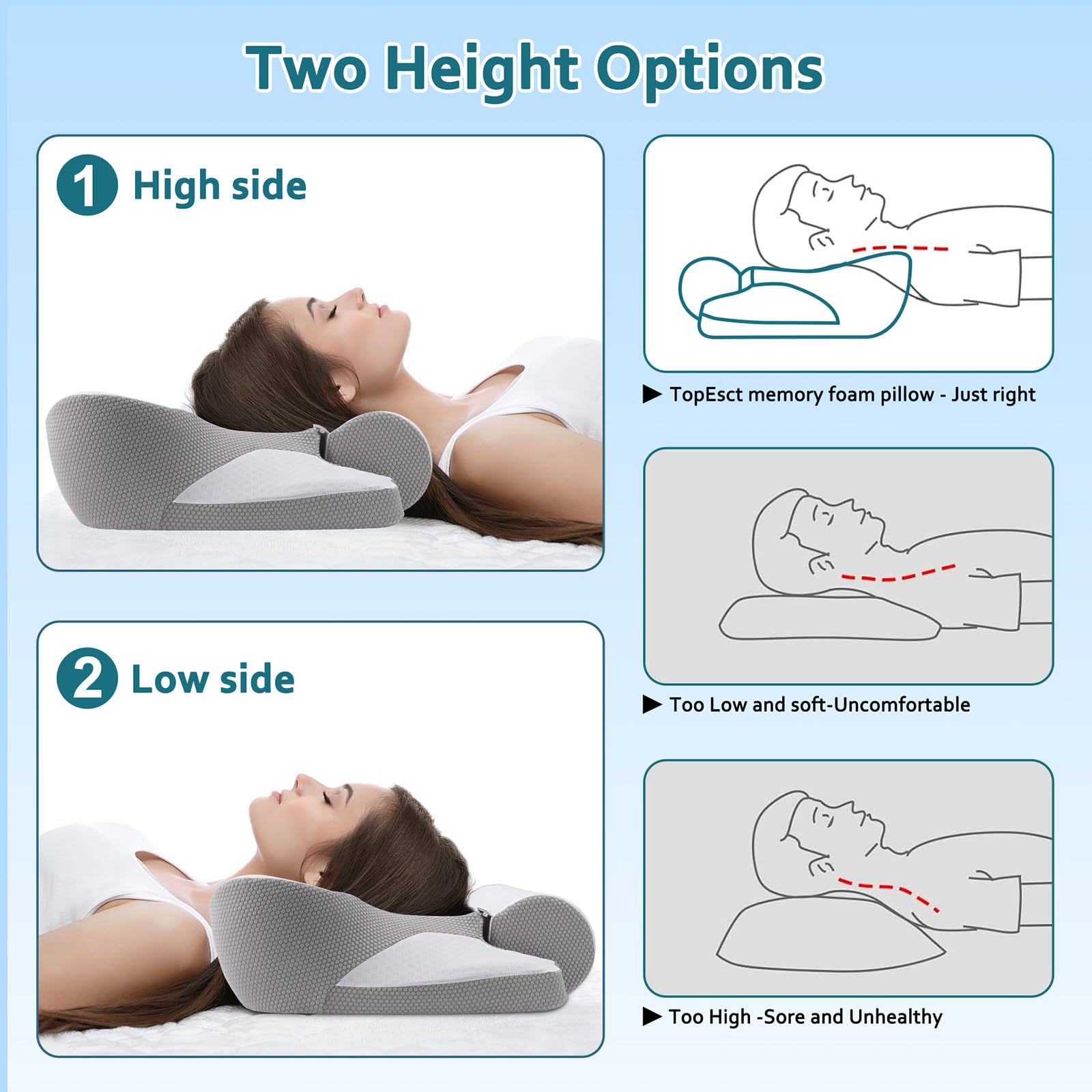TOPESCT Ergonomic Memory Foam Neck Pillow - Cervical Support | Light Grey | 62x42cm 4