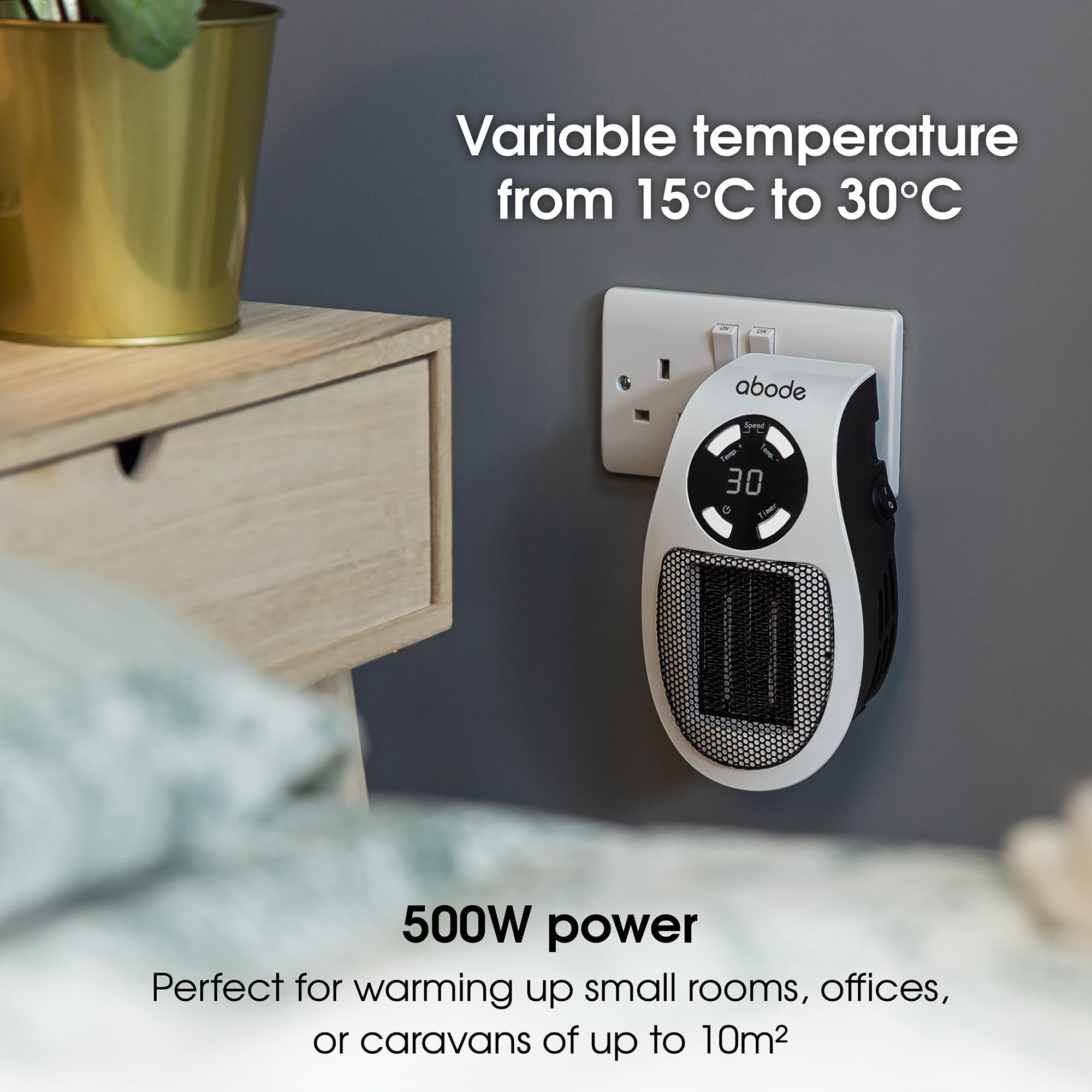 Abode 500W Compact Portable White Ceramic Plug-in Heater with 2 Heat Settings | 15°C-30°C | 12hr Timer 7
