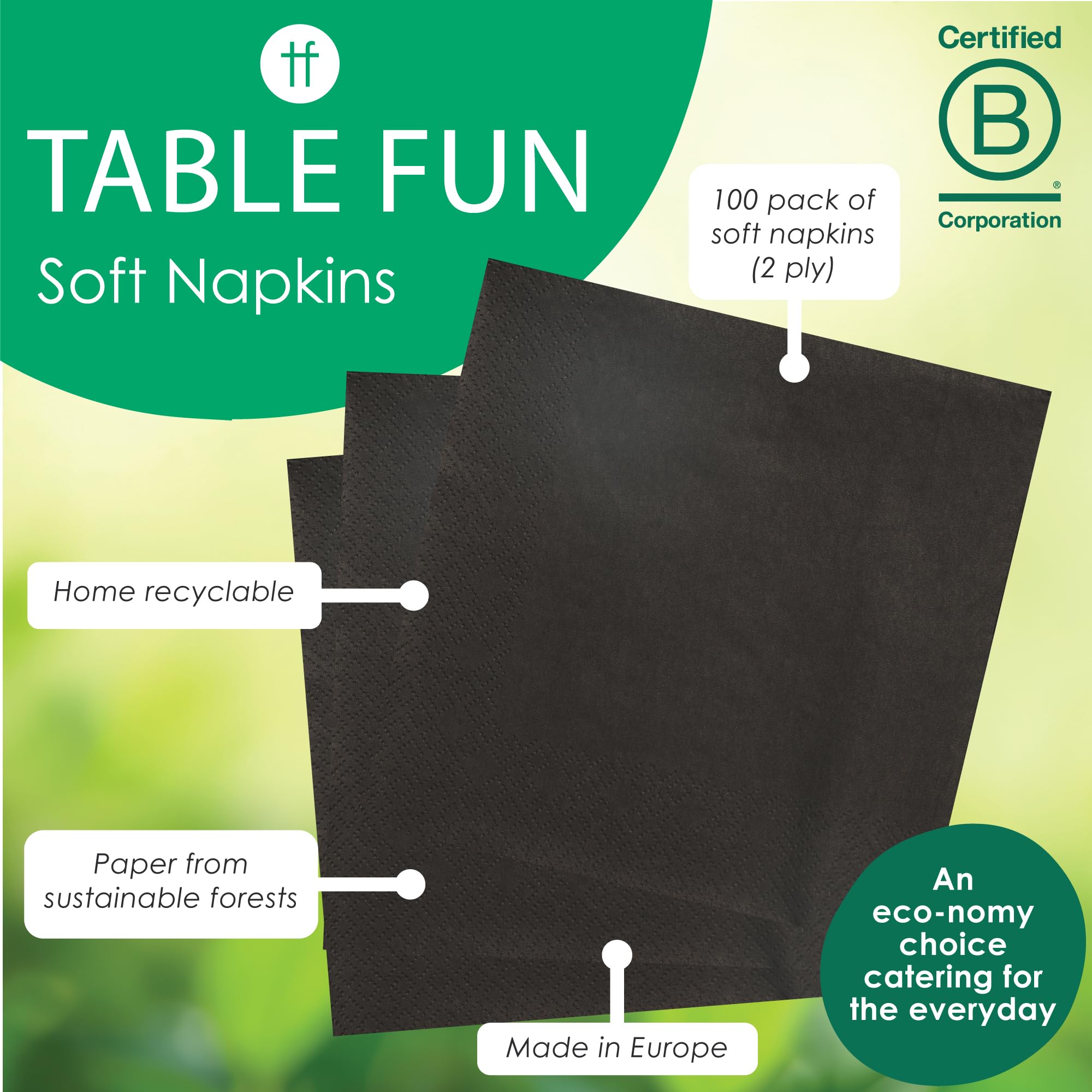 Talking Tables Soft Black Paper Napkins - 100 Pack | 33cm Open Size | Home Recyclable 5