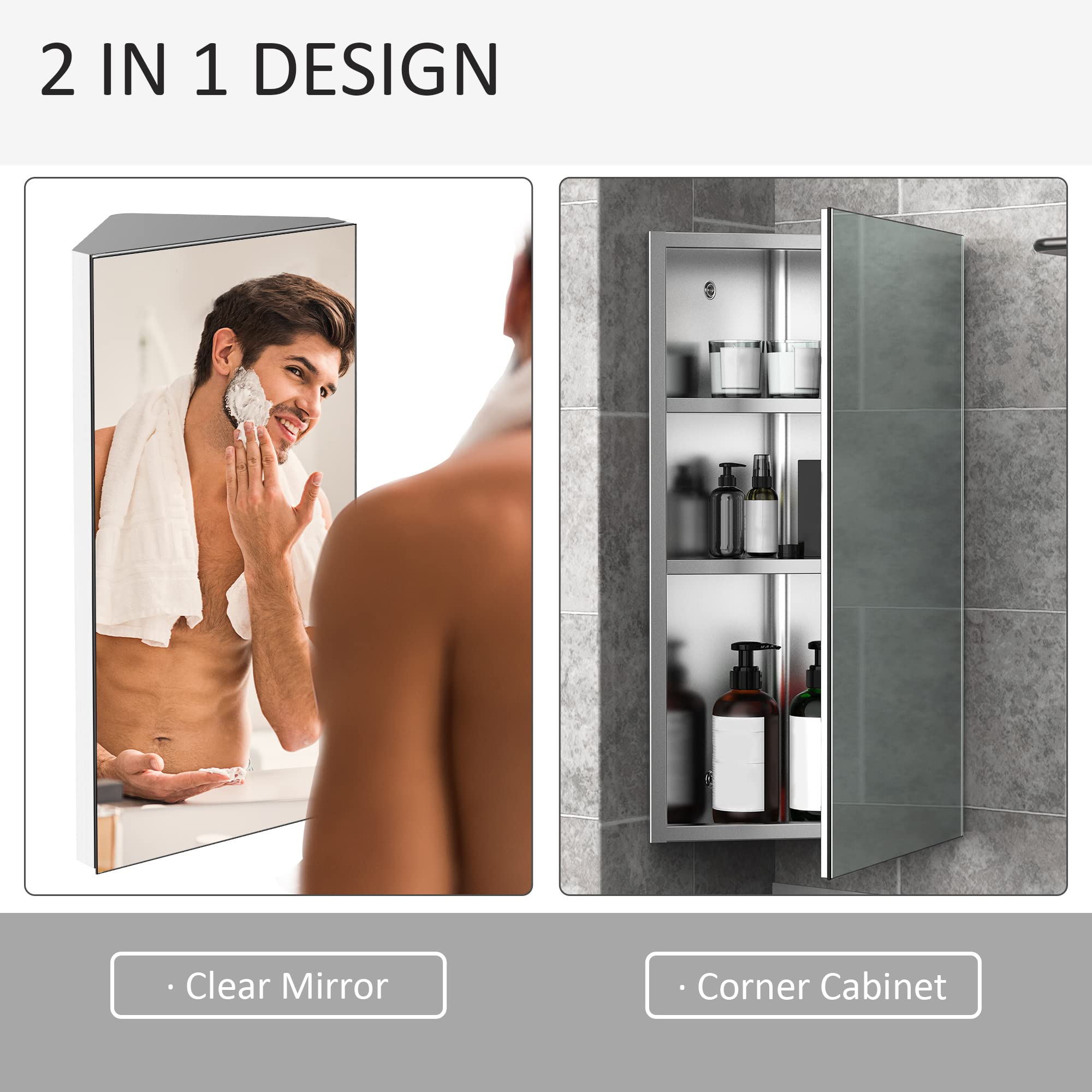 HOMCOM Wall Mount Corner Mirror Cabinet - Stainless Steel | 3 Shelves | Space Saving 6