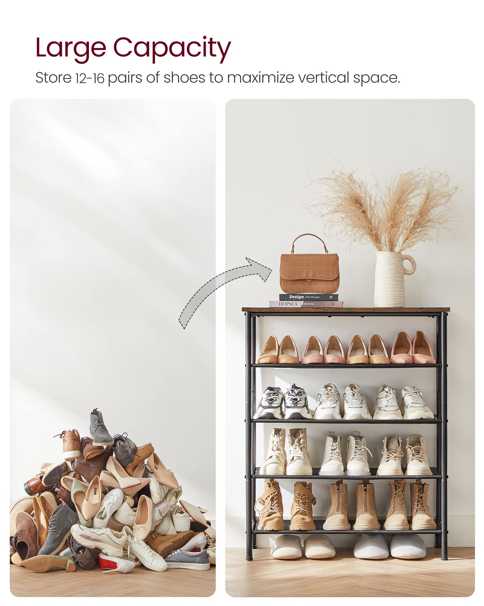 VASAGLE 5 Tier Shoe Rack - Narrow Storage Organiser for Hallway, Rustic Brown+Black 6