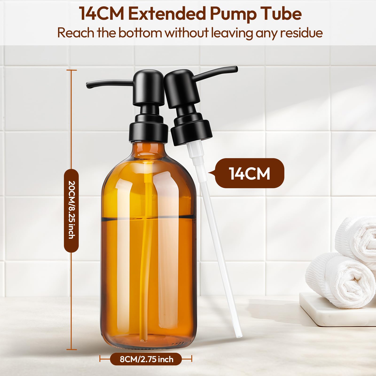 Euqvunn 500ml Amber Glass Soap Dispenser - 2 Pack Refillable Pump Bottles with Stainless Steel Pump 6